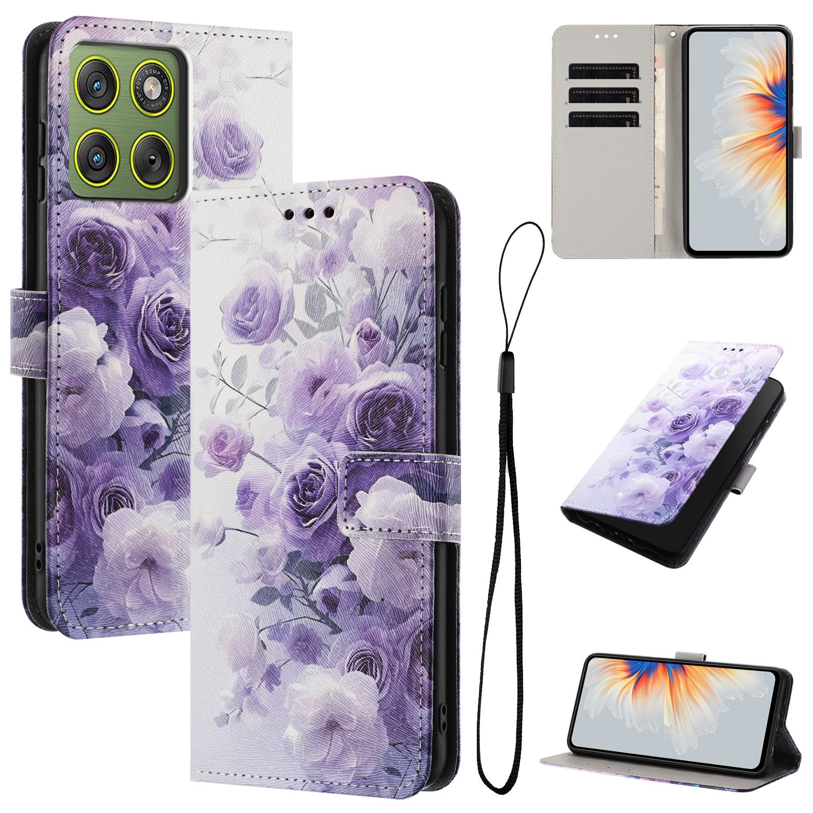 For Motorola Edge 70 5G Wallet Case Pattern Printing PU Leather Phone Cover with Lanyard - Purple Rose