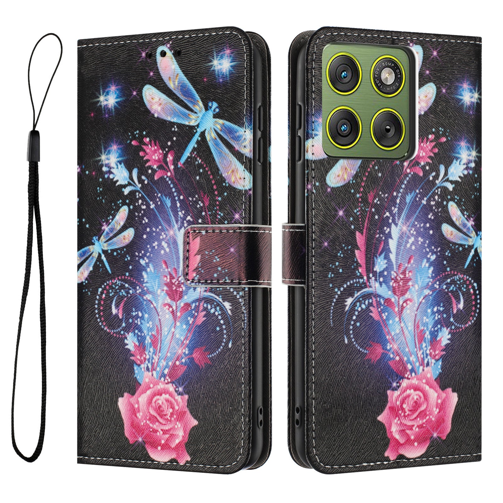 For Motorola Edge 70 5G Wallet Case Pattern Printing PU Leather Phone Cover with Lanyard - Dragonfly