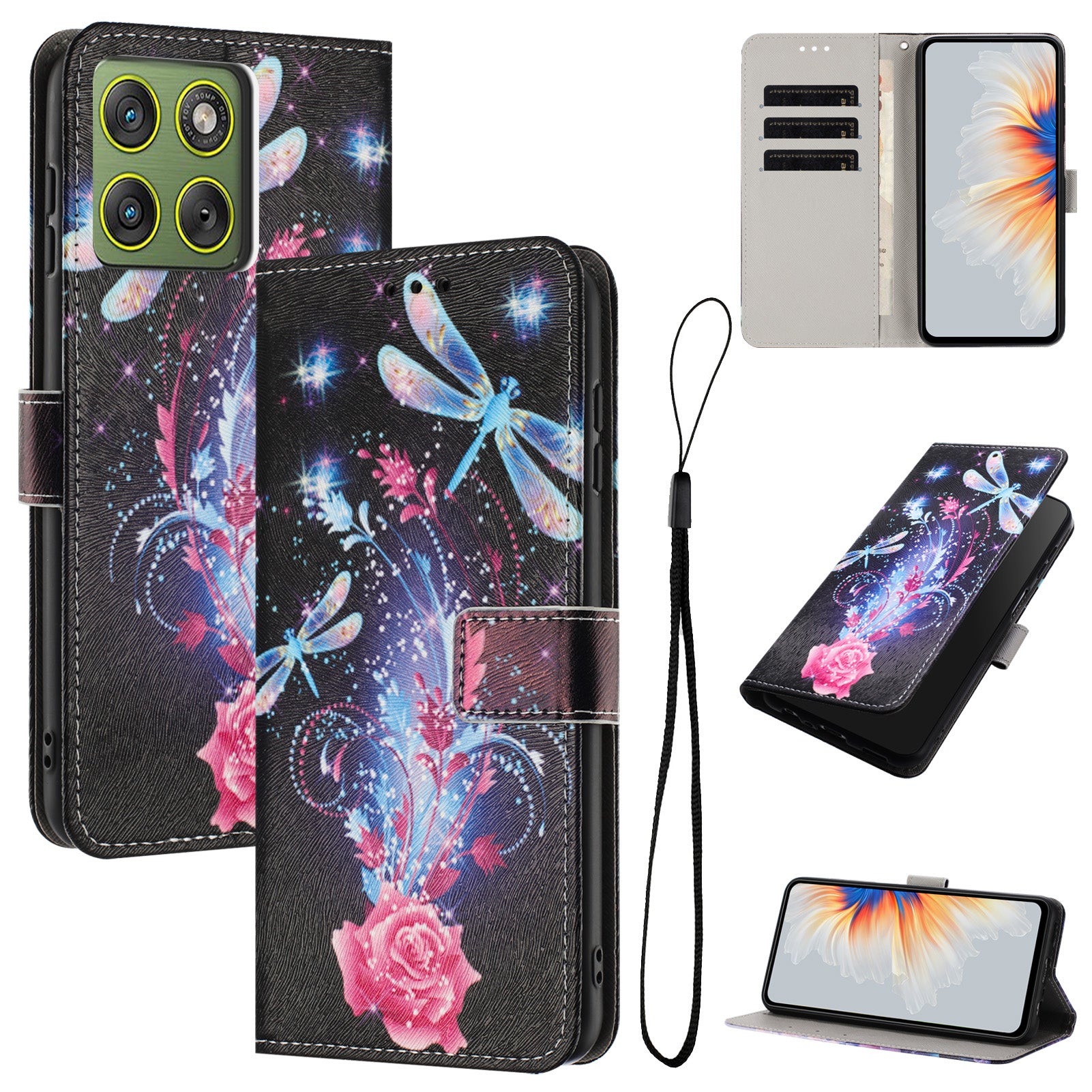 For Motorola Edge 70 5G Wallet Case Pattern Printing PU Leather Phone Cover with Lanyard - Dragonfly
