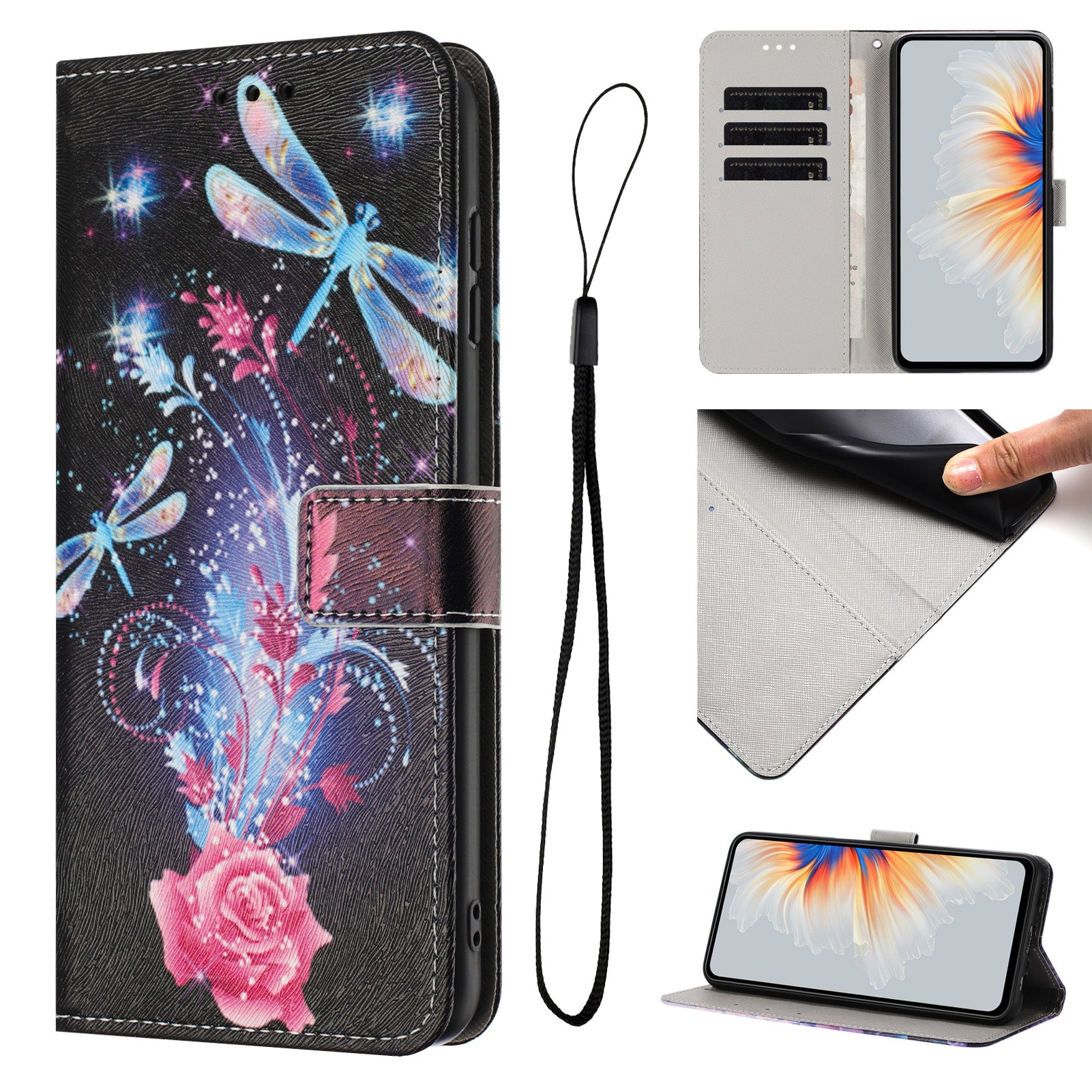 For Motorola Edge 70 5G Wallet Case Pattern Printing PU Leather Phone Cover with Lanyard - Dragonfly