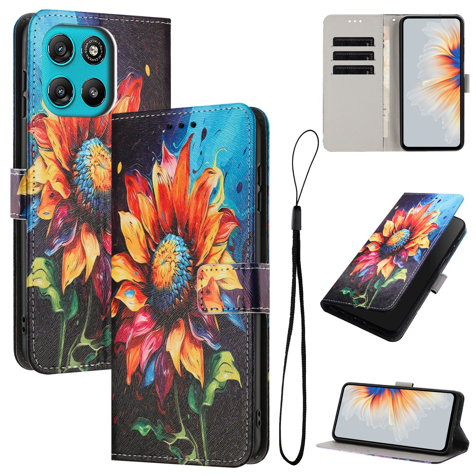 For Motorola Moto G57 Power 5G / Motorola Moto G57 5G / Motorola Moto G100 5G (2025) / Motorola Moto G67 Power 5G Wallet Case Pattern Printing PU Leather Phone Cover with Lanyard - Sunflower
