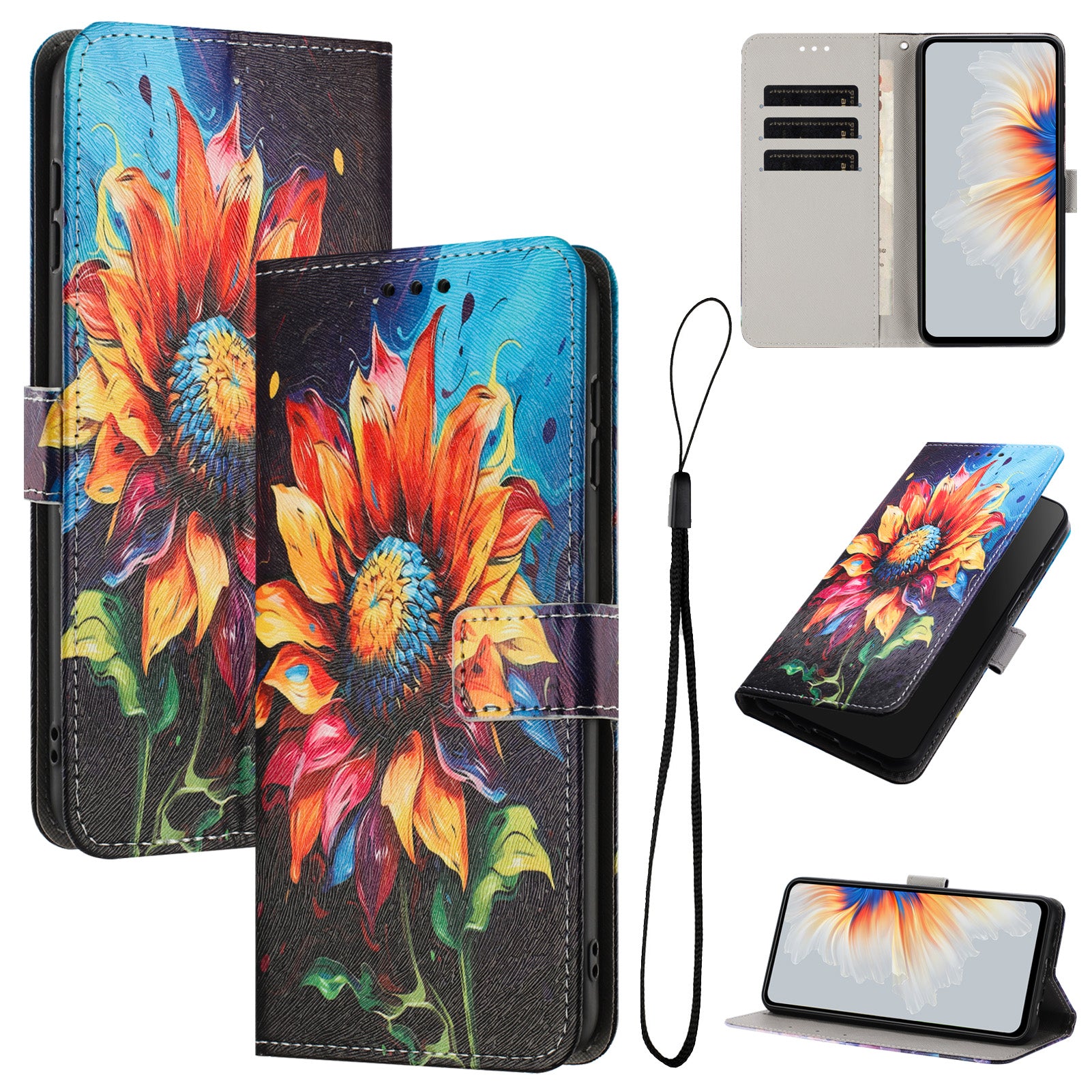 For Motorola Moto G57 Power 5G / Motorola Moto G57 5G / Motorola Moto G100 5G (2025) / Motorola Moto G67 Power 5G Wallet Case Pattern Printing PU Leather Phone Cover with Lanyard - Sunflower