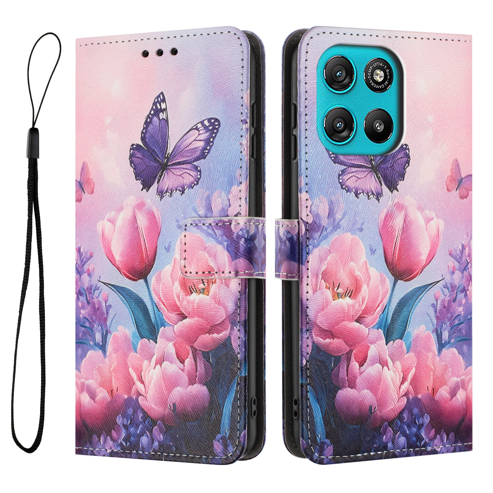 For Motorola Moto G57 Power 5G / Motorola Moto G57 5G / Motorola Moto G100 5G (2025) / Motorola Moto G67 Power 5G Wallet Case Pattern Printing PU Leather Phone Cover with Lanyard - Pink Flower Butterfly