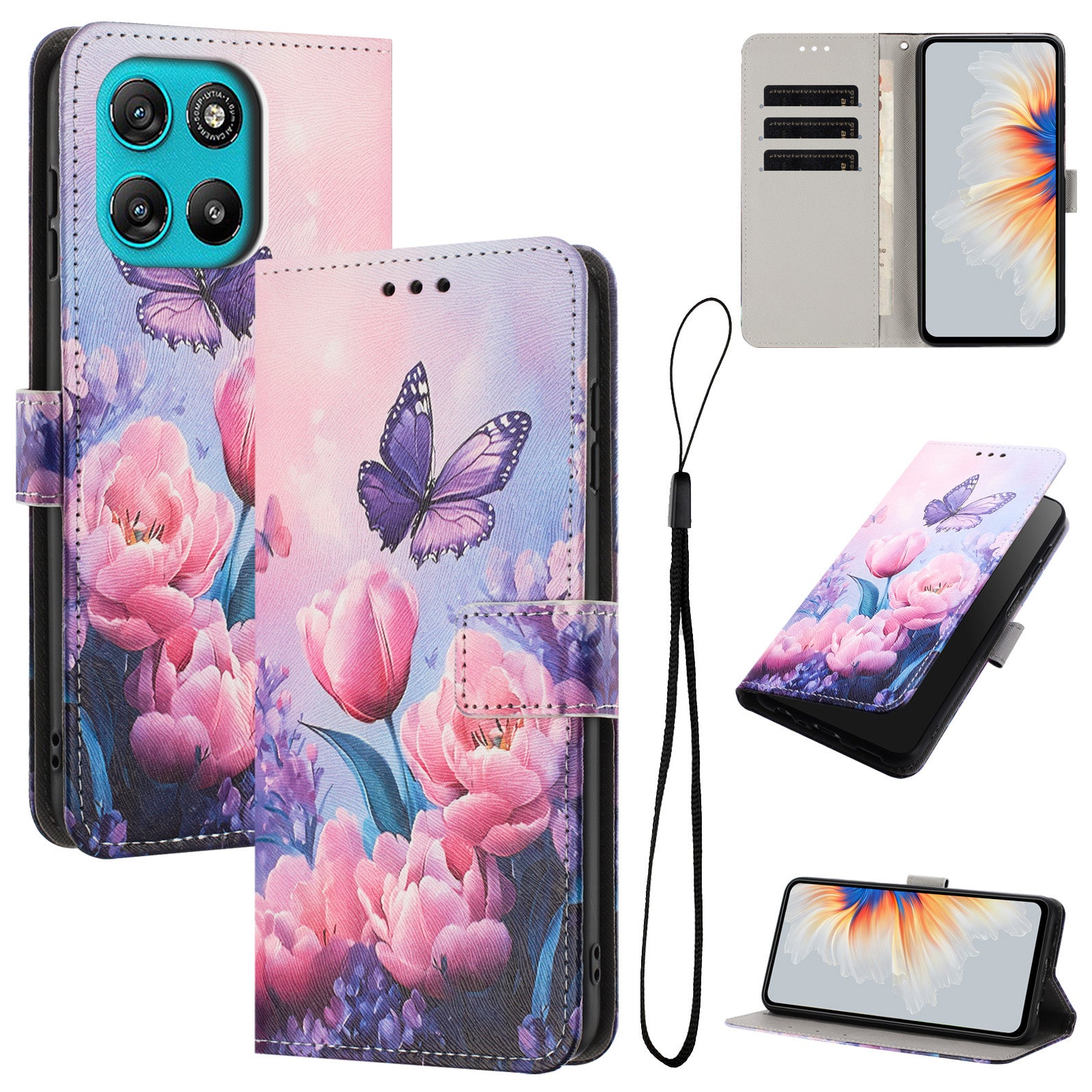For Motorola Moto G57 Power 5G / Motorola Moto G57 5G / Motorola Moto G100 5G (2025) / Motorola Moto G67 Power 5G Wallet Case Pattern Printing PU Leather Phone Cover with Lanyard - Pink Flower Butterfly