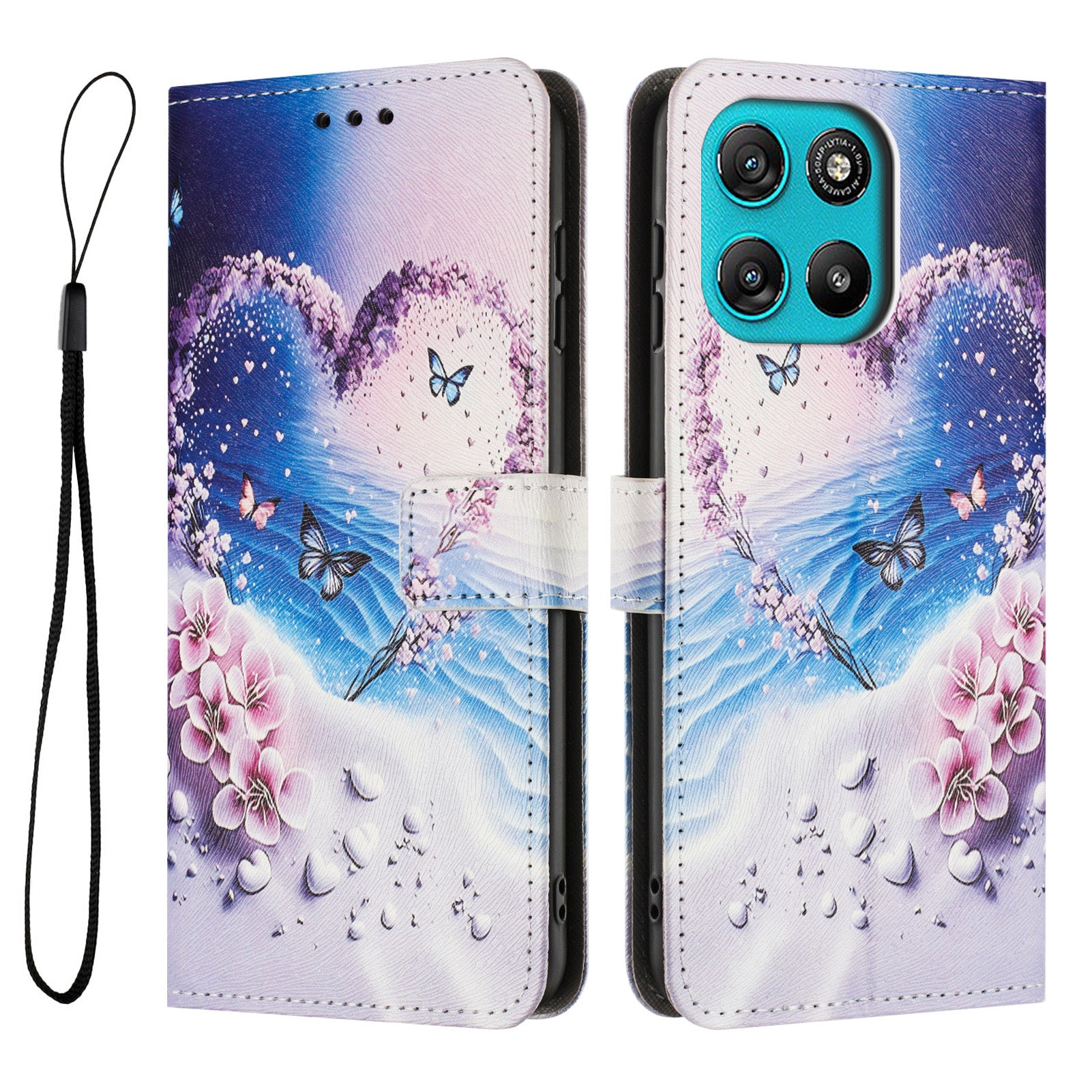 For Motorola Moto G57 Power 5G / Motorola Moto G57 5G / Motorola Moto G100 5G (2025) / Motorola Moto G67 Power 5G Wallet Case Pattern Printing PU Leather Phone Cover with Lanyard - Heart Butterfly