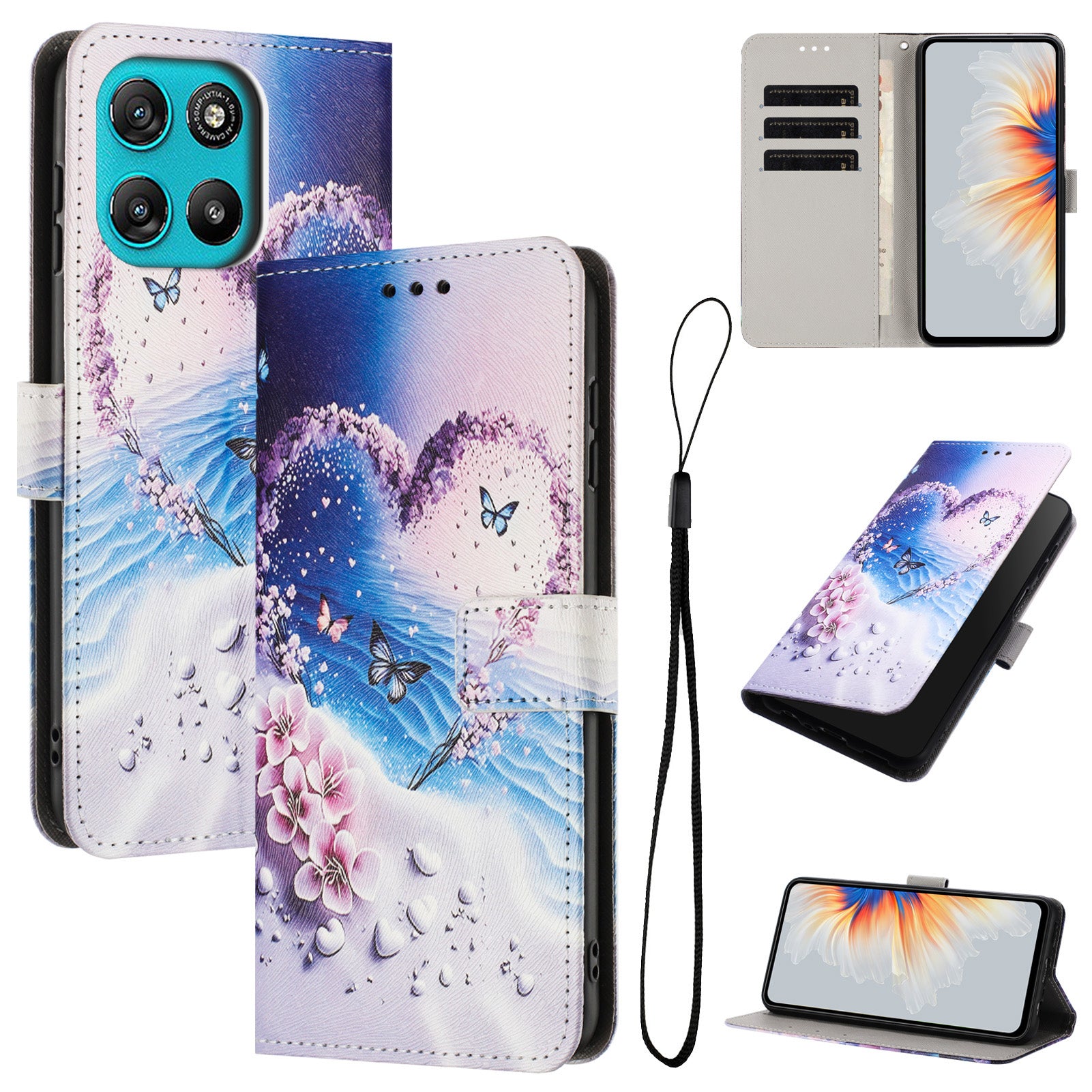For Motorola Moto G57 Power 5G / Motorola Moto G57 5G / Motorola Moto G100 5G (2025) / Motorola Moto G67 Power 5G Wallet Case Pattern Printing PU Leather Phone Cover with Lanyard - Heart Butterfly