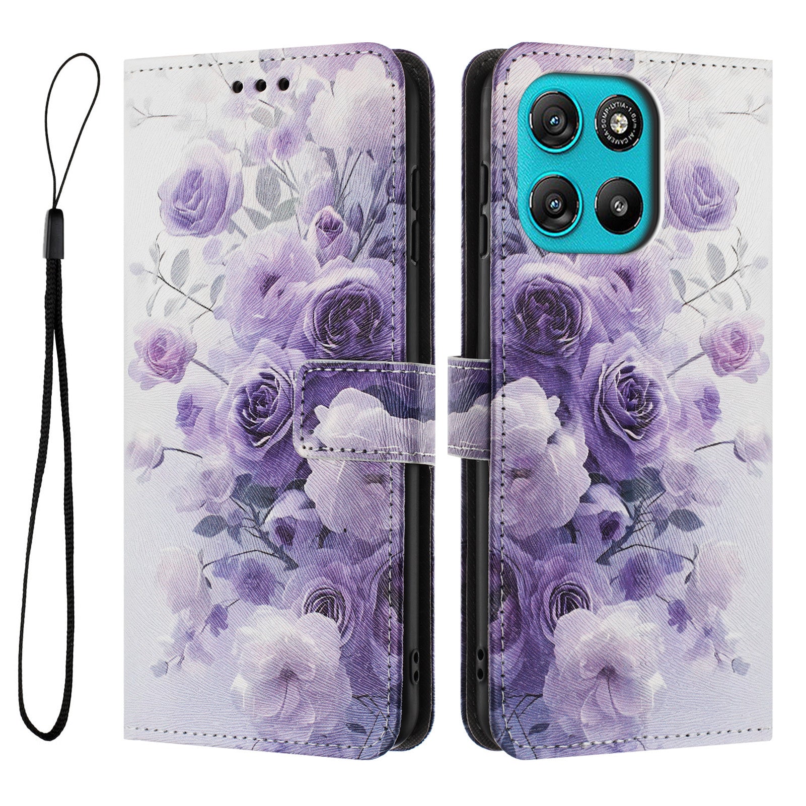For Motorola Moto G57 Power 5G / Motorola Moto G57 5G / Motorola Moto G100 5G (2025) / Motorola Moto G67 Power 5G Wallet Case Pattern Printing PU Leather Phone Cover with Lanyard - Purple Rose