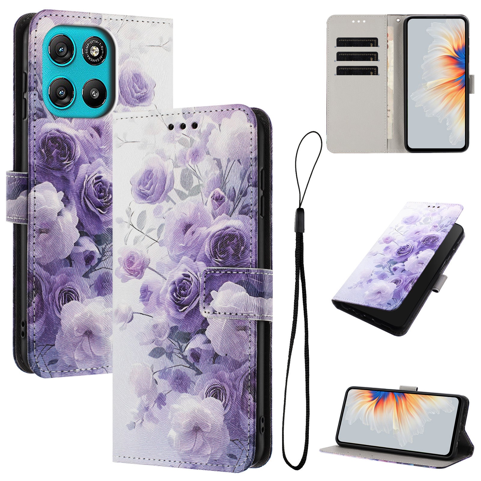 For Motorola Moto G57 Power 5G / Motorola Moto G57 5G / Motorola Moto G100 5G (2025) / Motorola Moto G67 Power 5G Wallet Case Pattern Printing PU Leather Phone Cover with Lanyard - Purple Rose