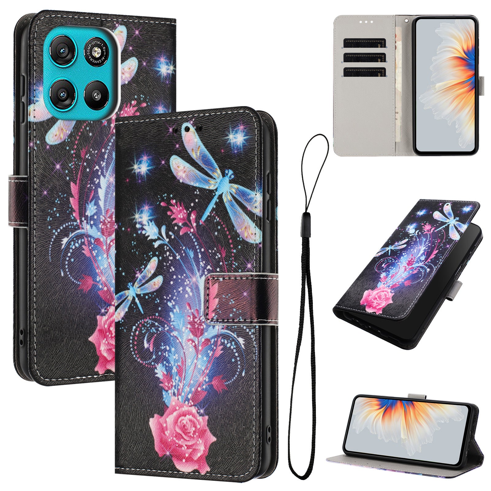 For Motorola Moto G57 Power 5G / Motorola Moto G57 5G / Motorola Moto G100 5G (2025) / Motorola Moto G67 Power 5G Wallet Case Pattern Printing PU Leather Phone Cover with Lanyard - Dragonfly