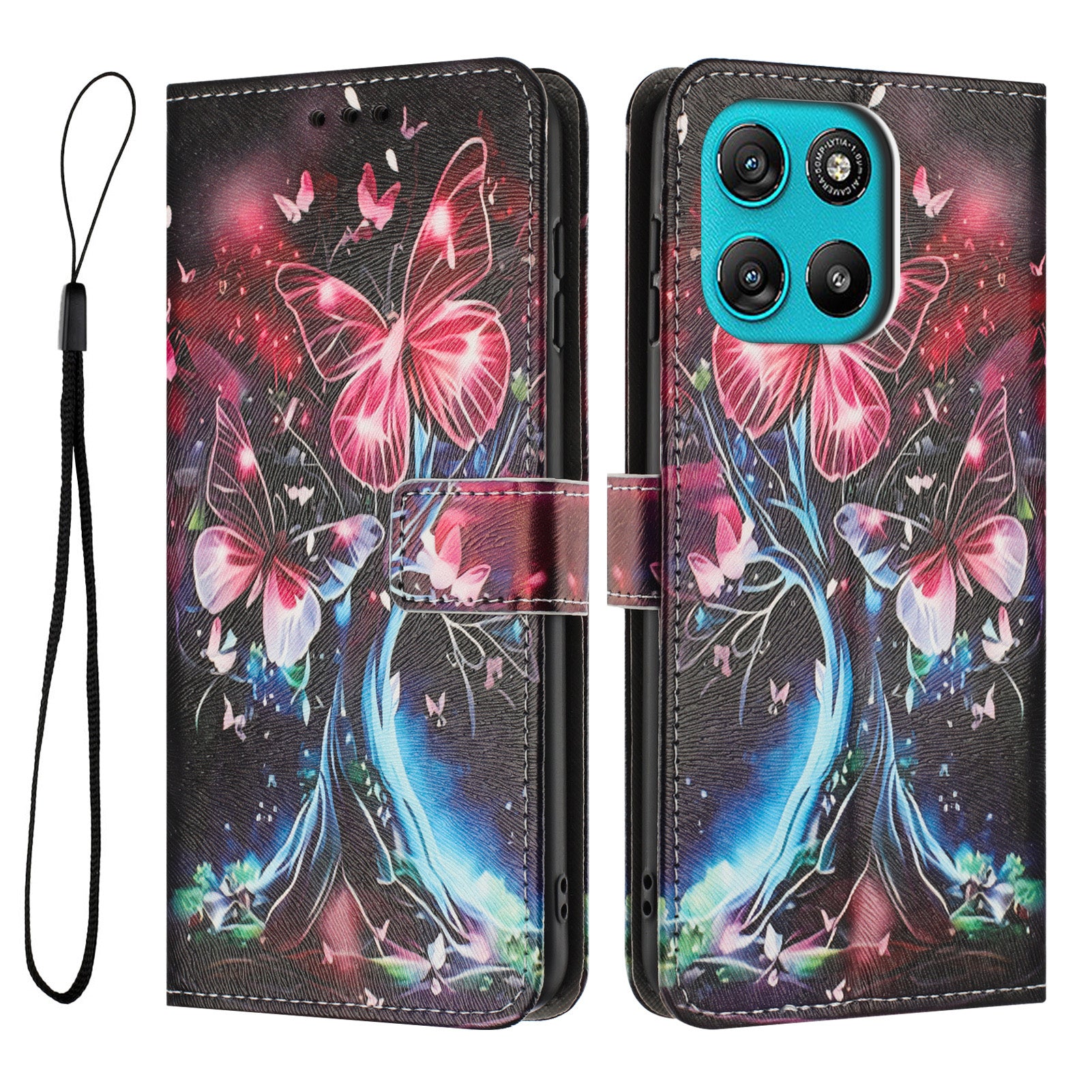 For Motorola Moto G57 Power 5G / Motorola Moto G57 5G / Motorola Moto G100 5G (2025) / Motorola Moto G67 Power 5G Wallet Case Pattern Printing PU Leather Phone Cover with Lanyard - Butterfly Tree