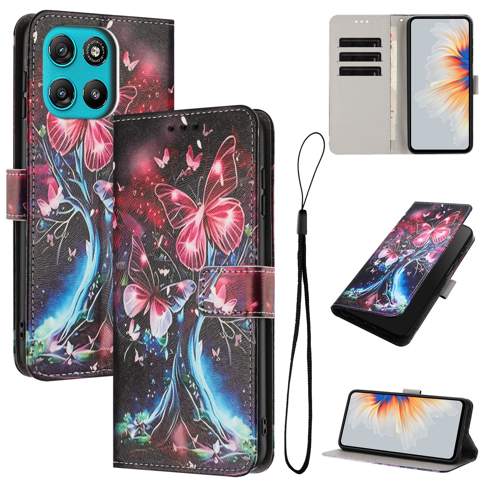 For Motorola Moto G57 Power 5G / Motorola Moto G57 5G / Motorola Moto G100 5G (2025) / Motorola Moto G67 Power 5G Wallet Case Pattern Printing PU Leather Phone Cover with Lanyard - Butterfly Tree