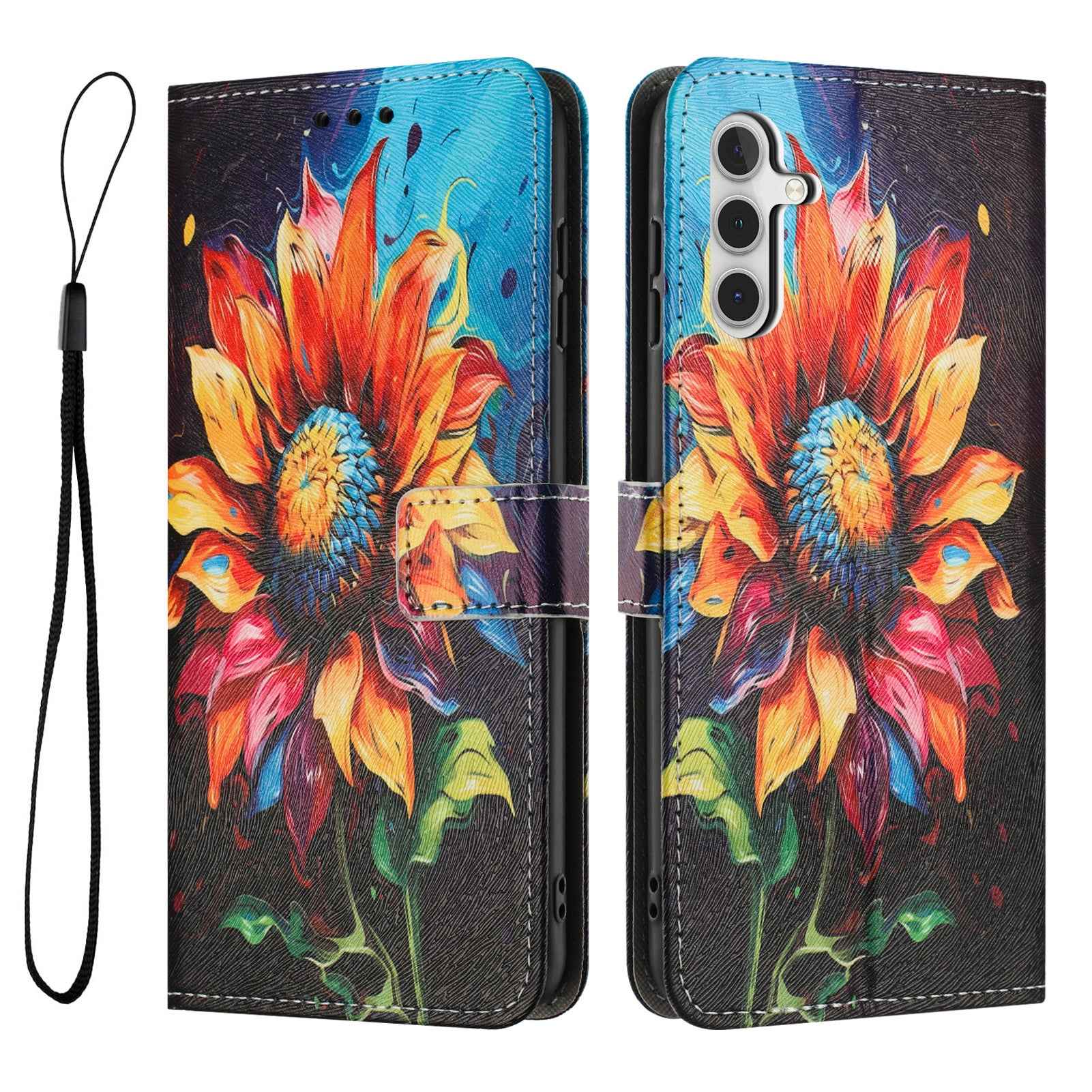 For Samsung Galaxy A57 5G Wallet Case Pattern Printing PU Leather Phone Cover with Lanyard - Sunflower