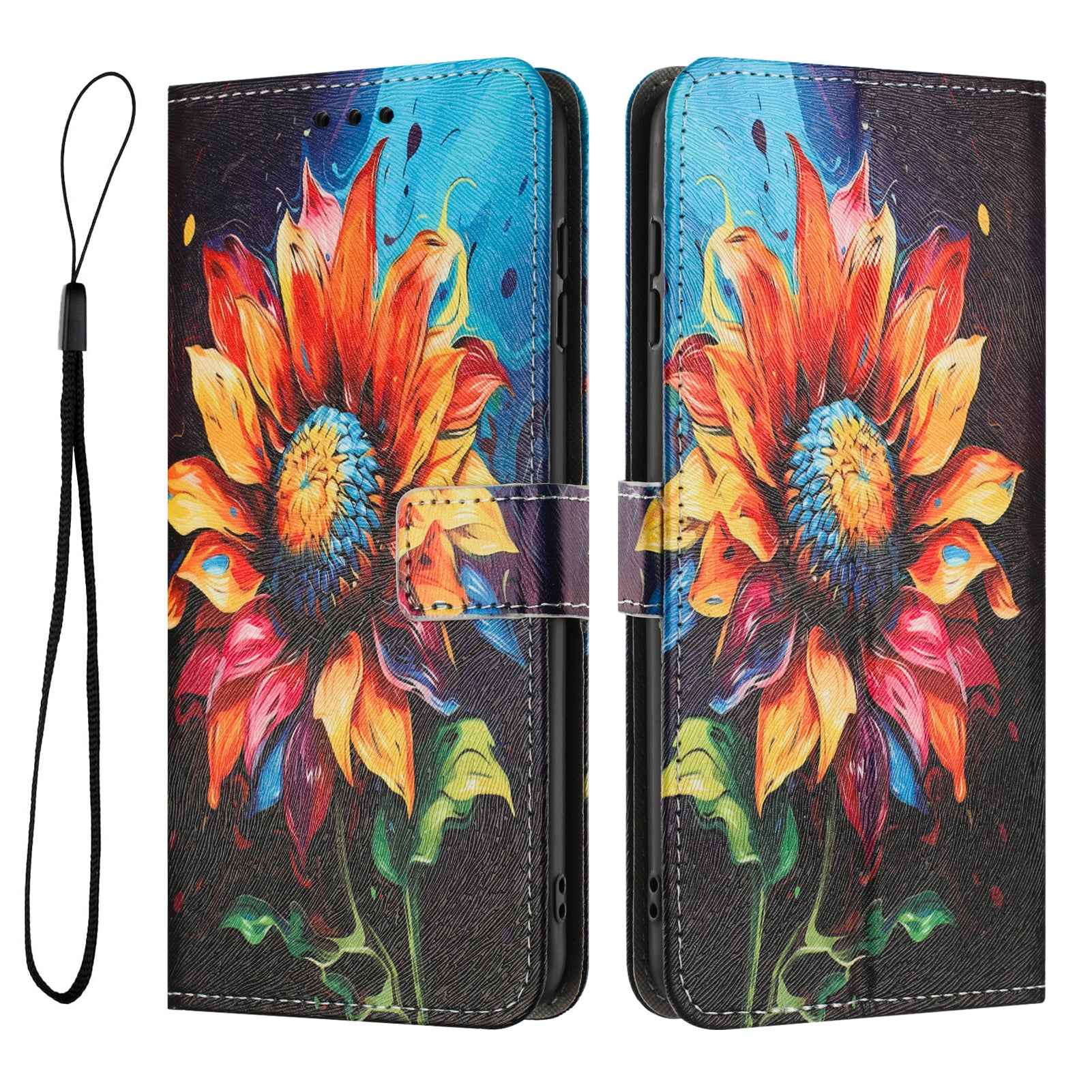 For Samsung Galaxy A57 5G Wallet Case Pattern Printing PU Leather Phone Cover with Lanyard - Sunflower