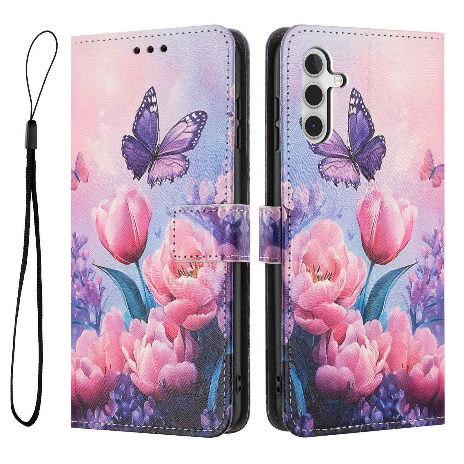 For Samsung Galaxy A57 5G Wallet Case Pattern Printing PU Leather Phone Cover with Lanyard - Pink Flower Butterfly