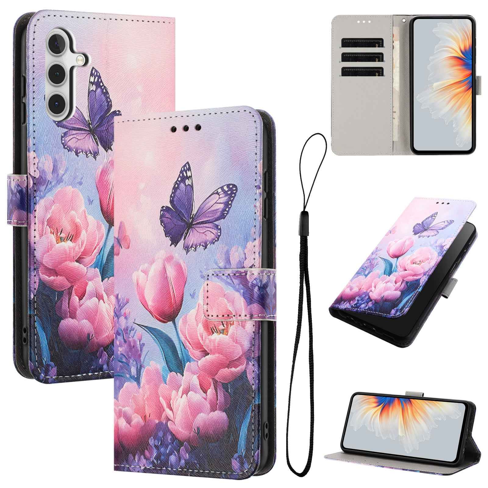 For Samsung Galaxy A57 5G Wallet Case Pattern Printing PU Leather Phone Cover with Lanyard - Pink Flower Butterfly