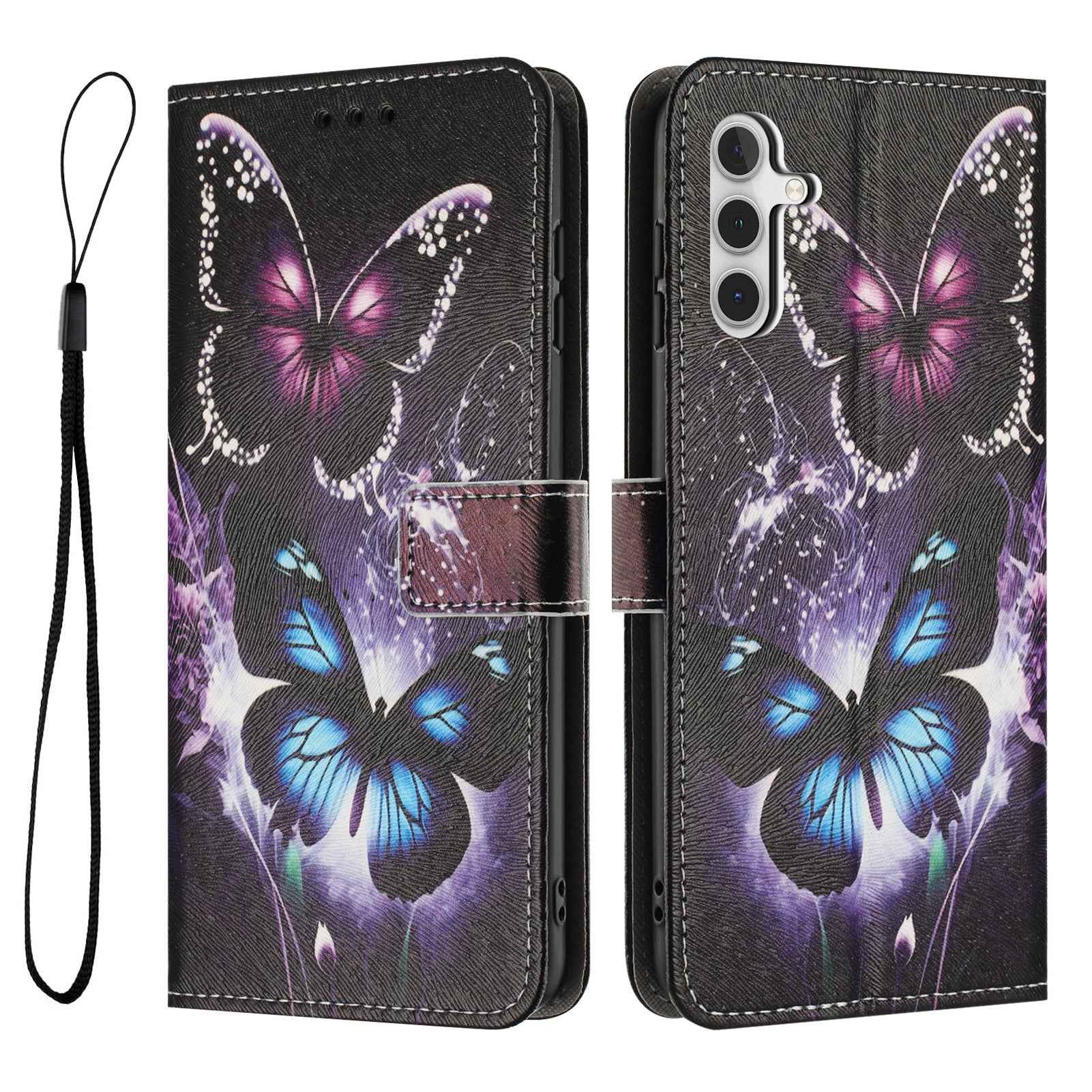 For Samsung Galaxy A57 5G Wallet Case Pattern Printing PU Leather Phone Cover with Lanyard - Two Butterflies