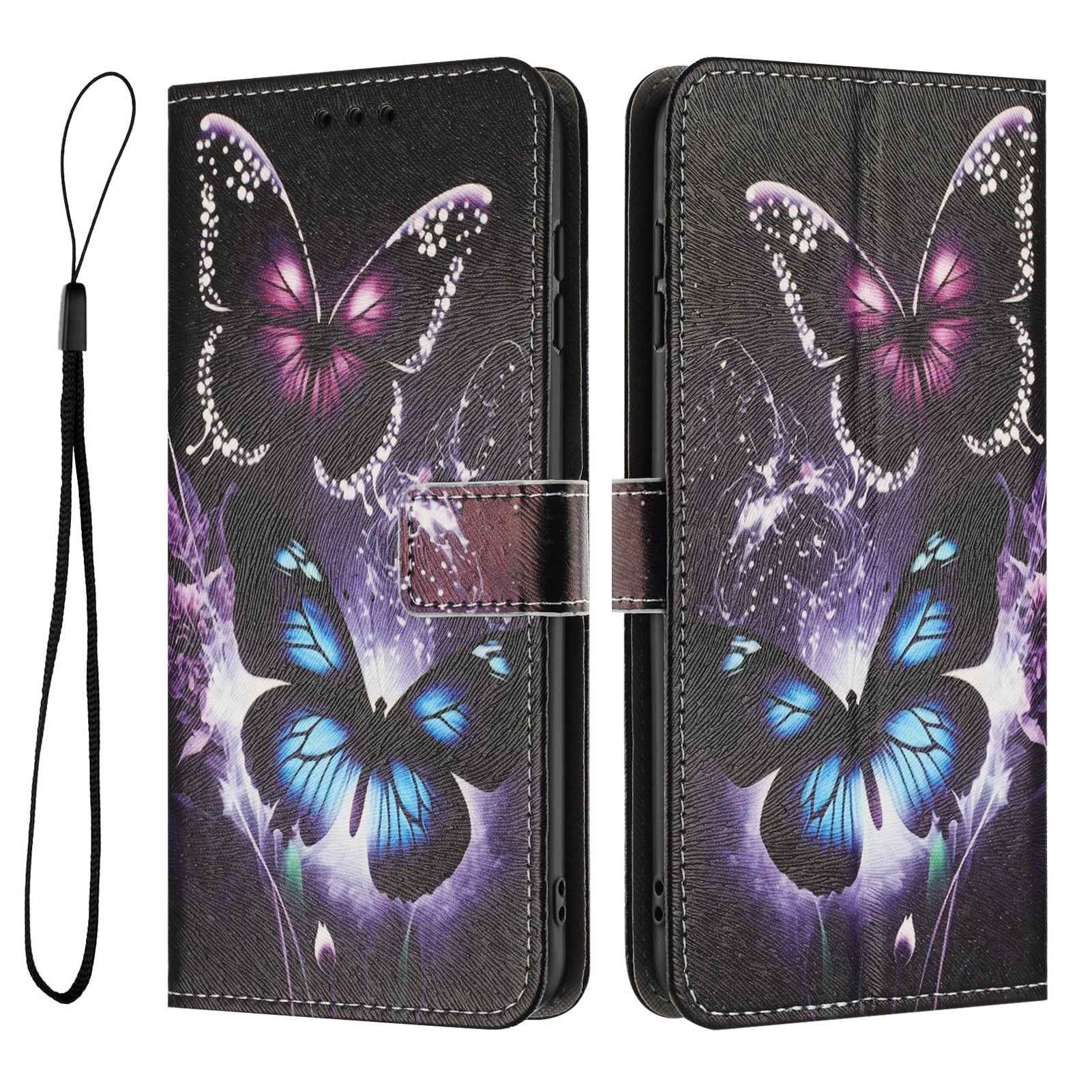 For Samsung Galaxy A57 5G Wallet Case Pattern Printing PU Leather Phone Cover with Lanyard - Two Butterflies