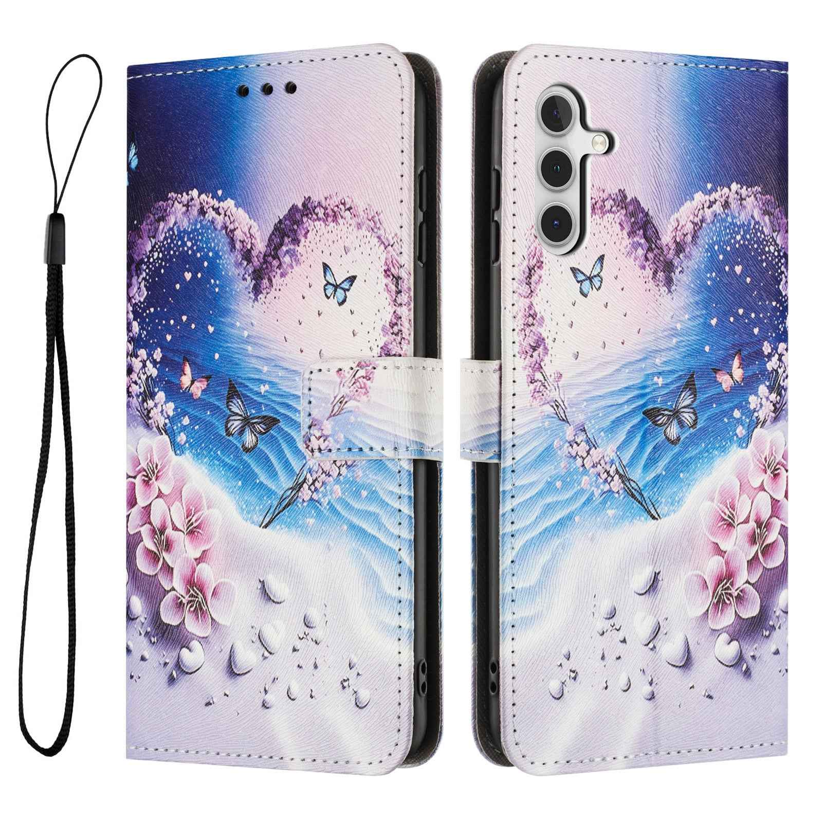 For Samsung Galaxy A57 5G Wallet Case Pattern Printing PU Leather Phone Cover with Lanyard - Heart Butterfly