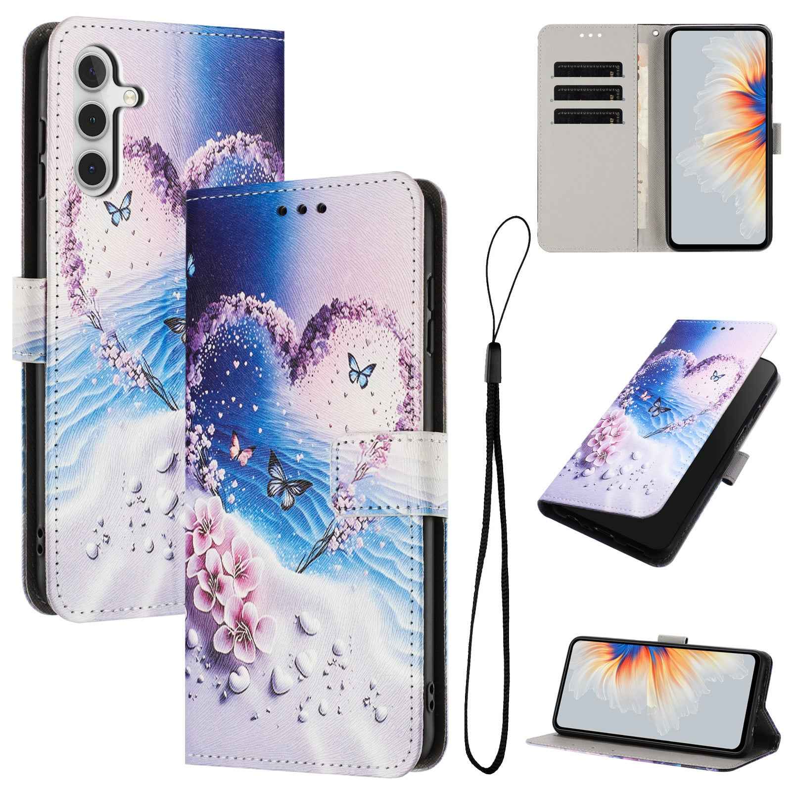 For Samsung Galaxy A57 5G Wallet Case Pattern Printing PU Leather Phone Cover with Lanyard - Heart Butterfly