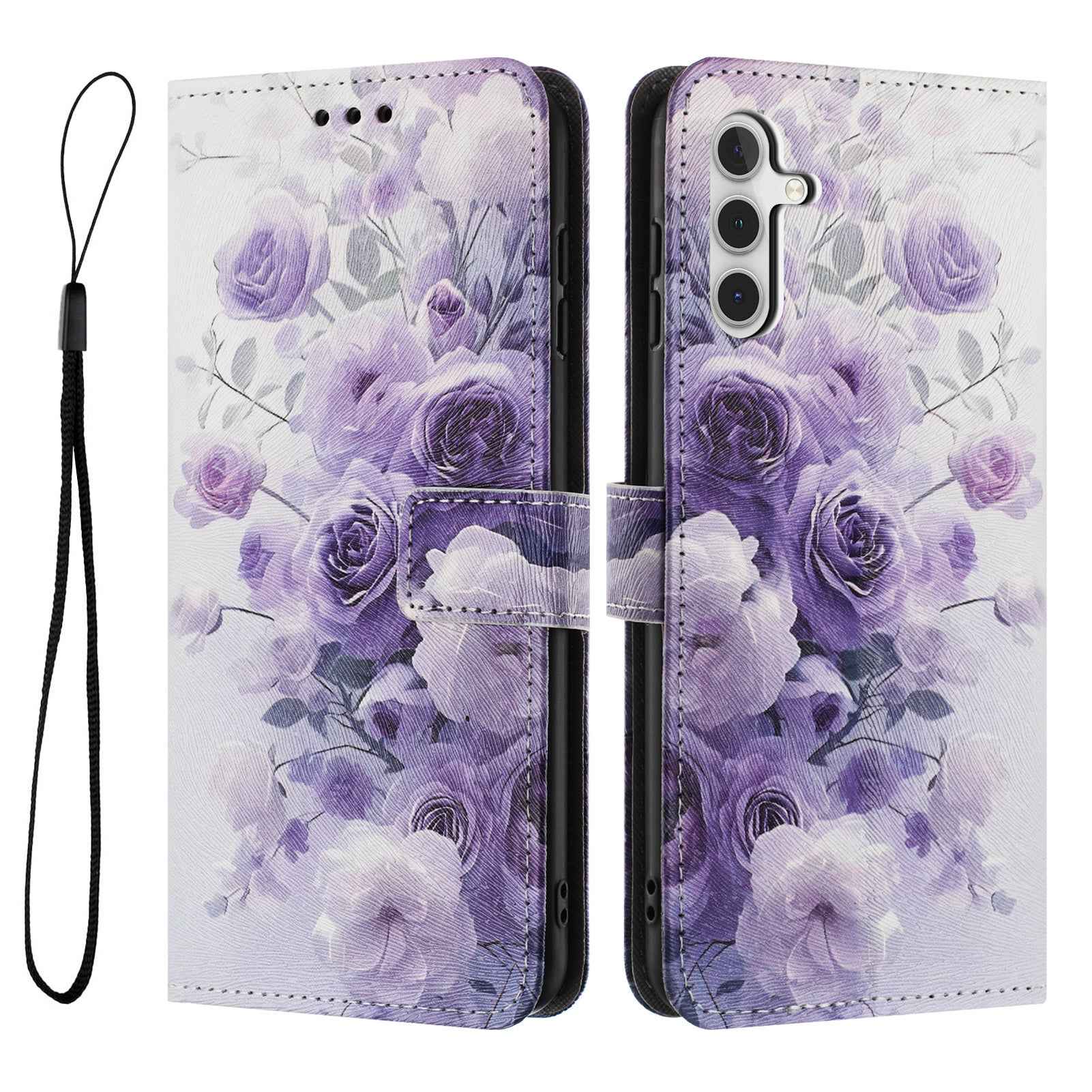 For Samsung Galaxy A57 5G Wallet Case Pattern Printing PU Leather Phone Cover with Lanyard - Purple Rose