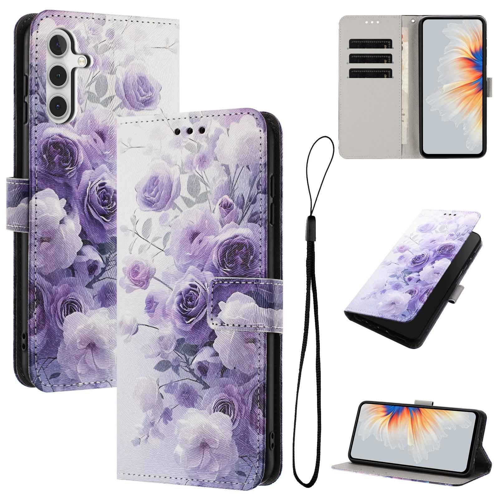 For Samsung Galaxy A57 5G Wallet Case Pattern Printing PU Leather Phone Cover with Lanyard - Purple Rose