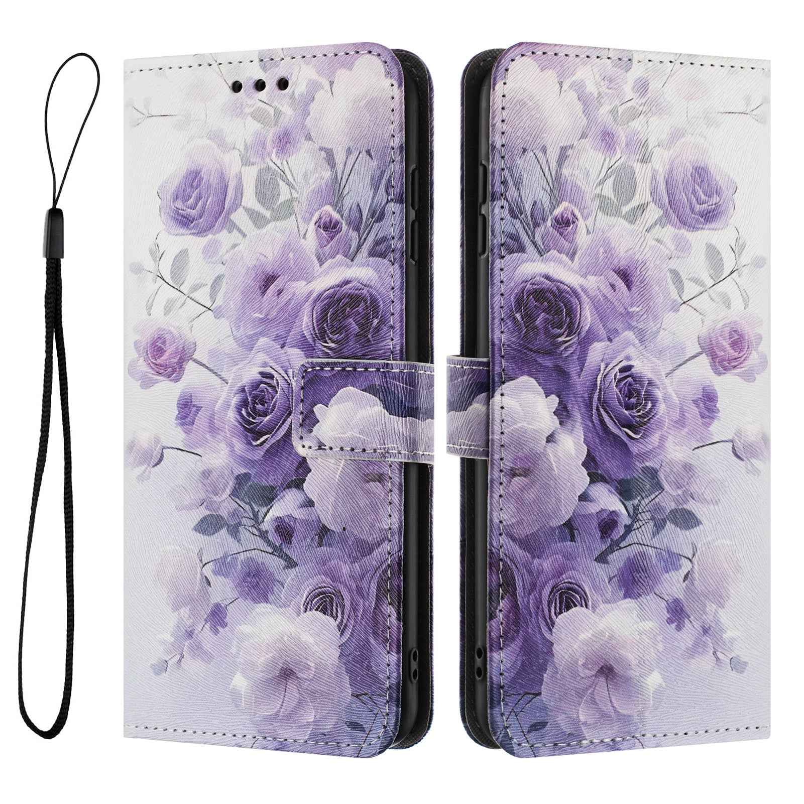 For Samsung Galaxy A57 5G Wallet Case Pattern Printing PU Leather Phone Cover with Lanyard - Purple Rose