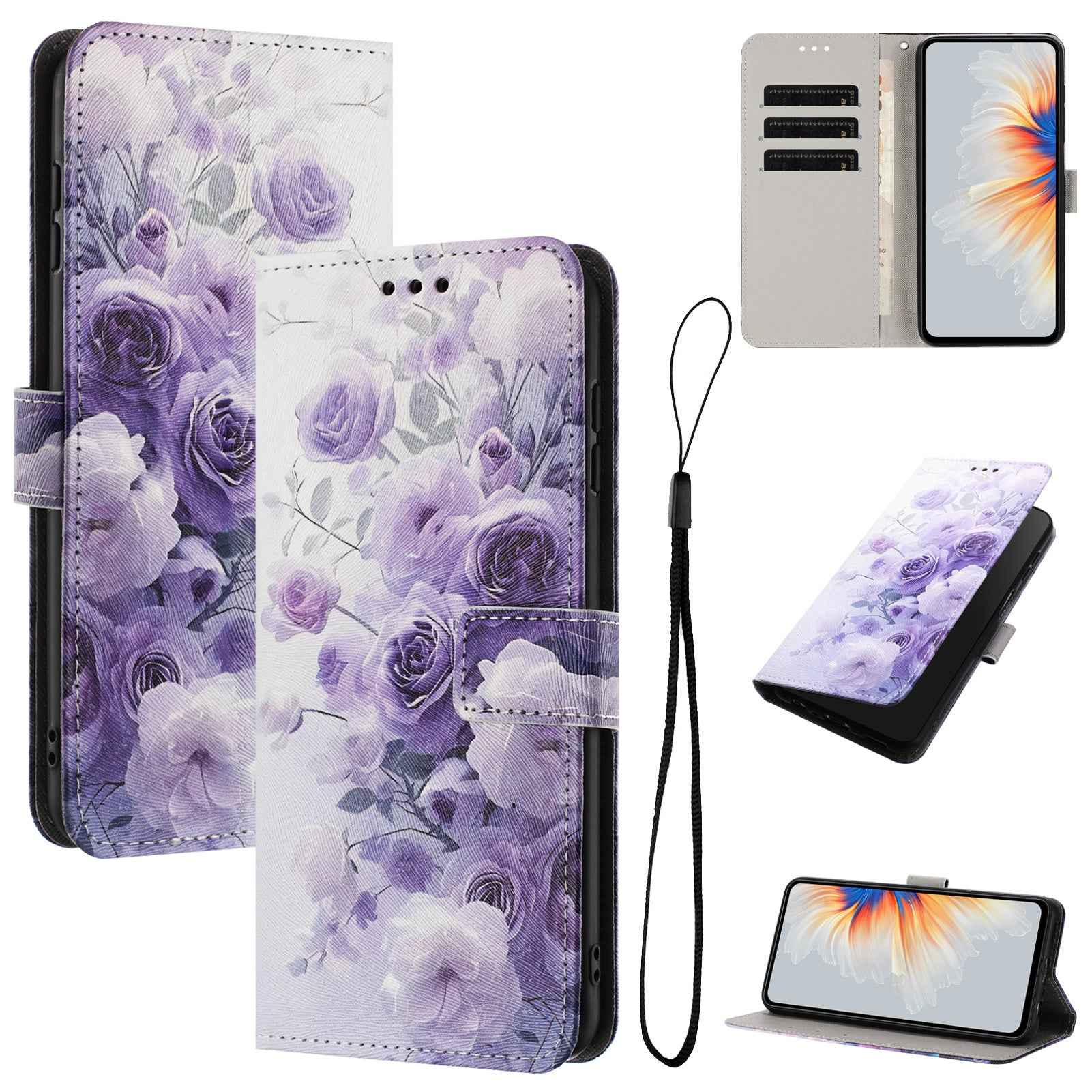 For Samsung Galaxy A57 5G Wallet Case Pattern Printing PU Leather Phone Cover with Lanyard - Purple Rose