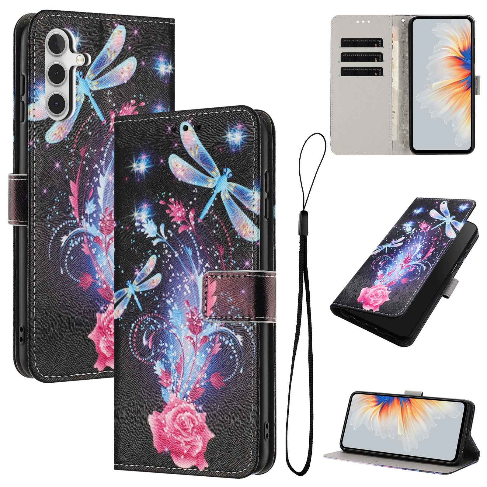 For Samsung Galaxy A57 5G Wallet Case Pattern Printing PU Leather Phone Cover with Lanyard - Dragonfly