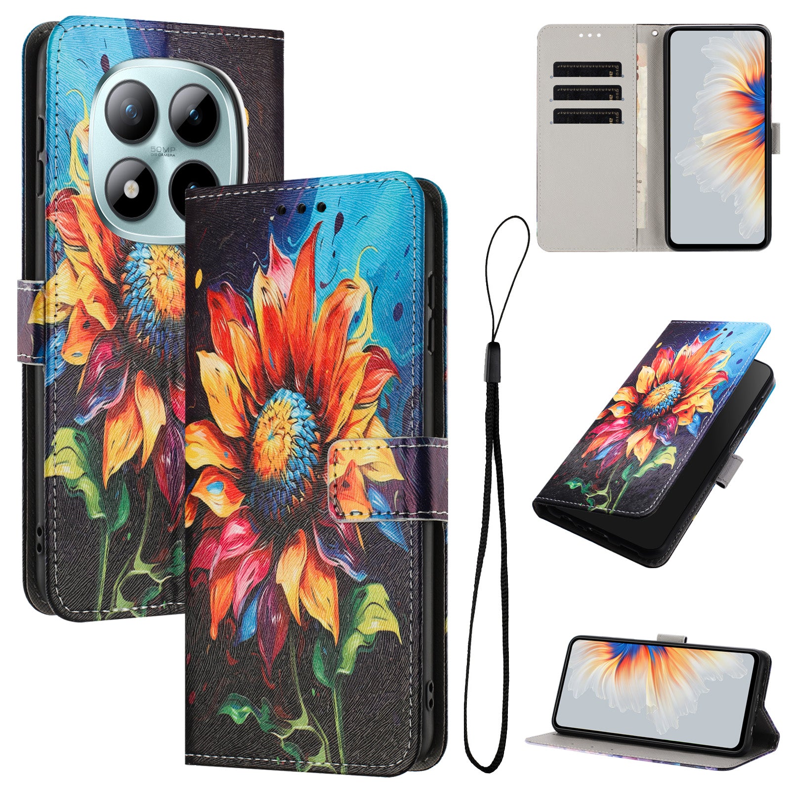 For Xiaomi Redmi Note 15 Pro 4G (Global) Wallet Case Pattern Printing PU Leather Phone Cover with Lanyard - Sunflower
