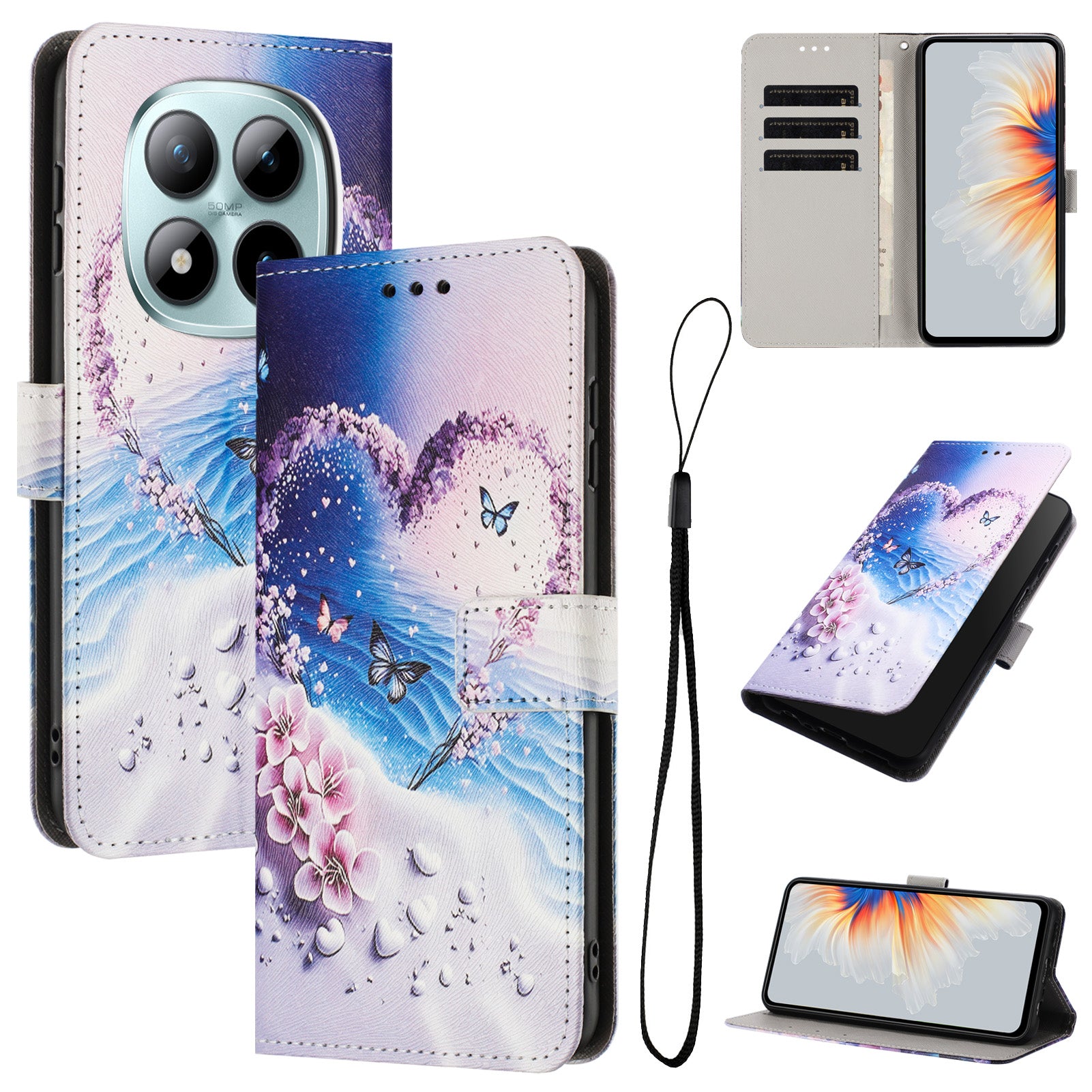 For Xiaomi Redmi Note 15 Pro 4G (Global) Wallet Case Pattern Printing PU Leather Phone Cover with Lanyard - Heart Butterfly