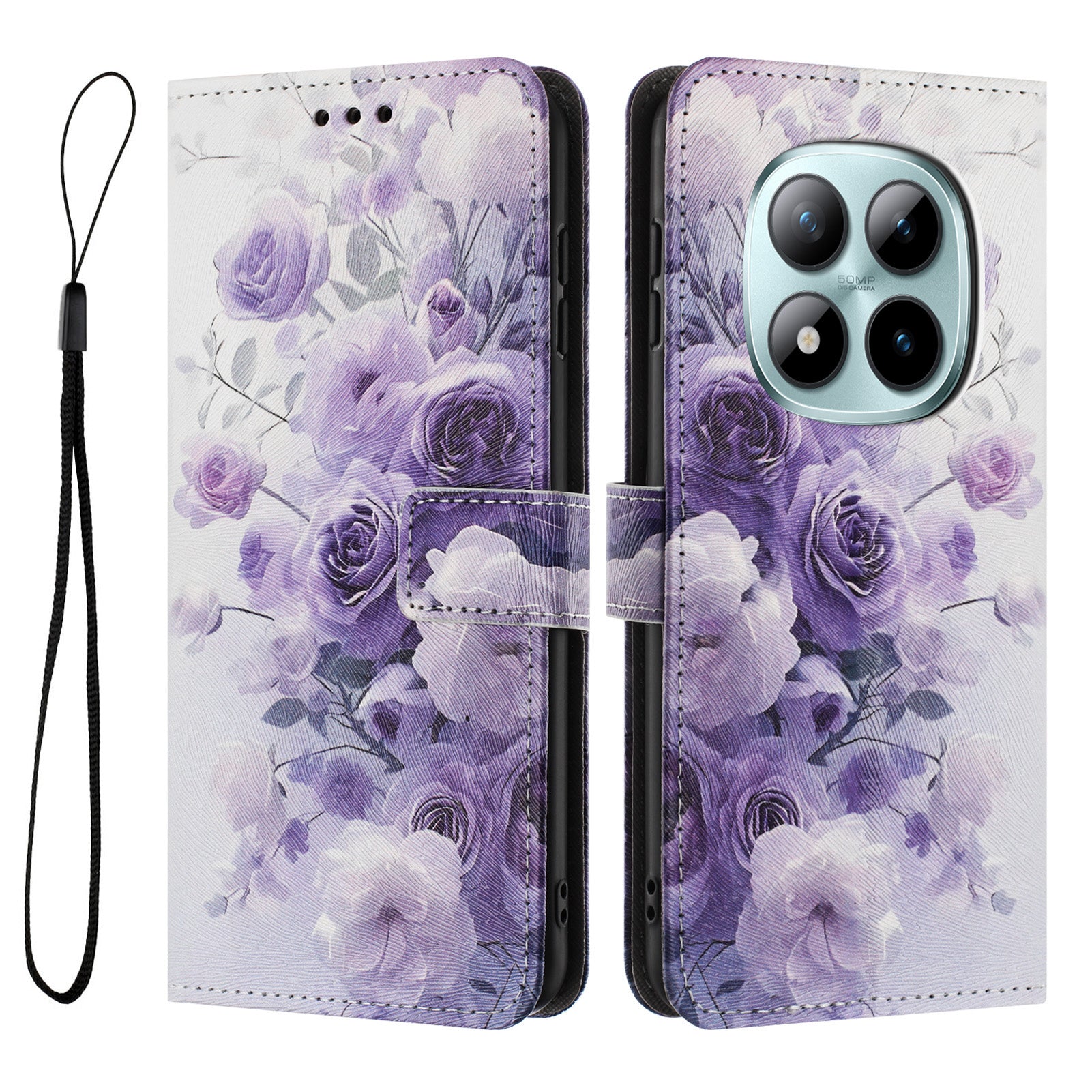 For Xiaomi Redmi Note 15 Pro 4G (Global) Wallet Case Pattern Printing PU Leather Phone Cover with Lanyard - Purple Rose