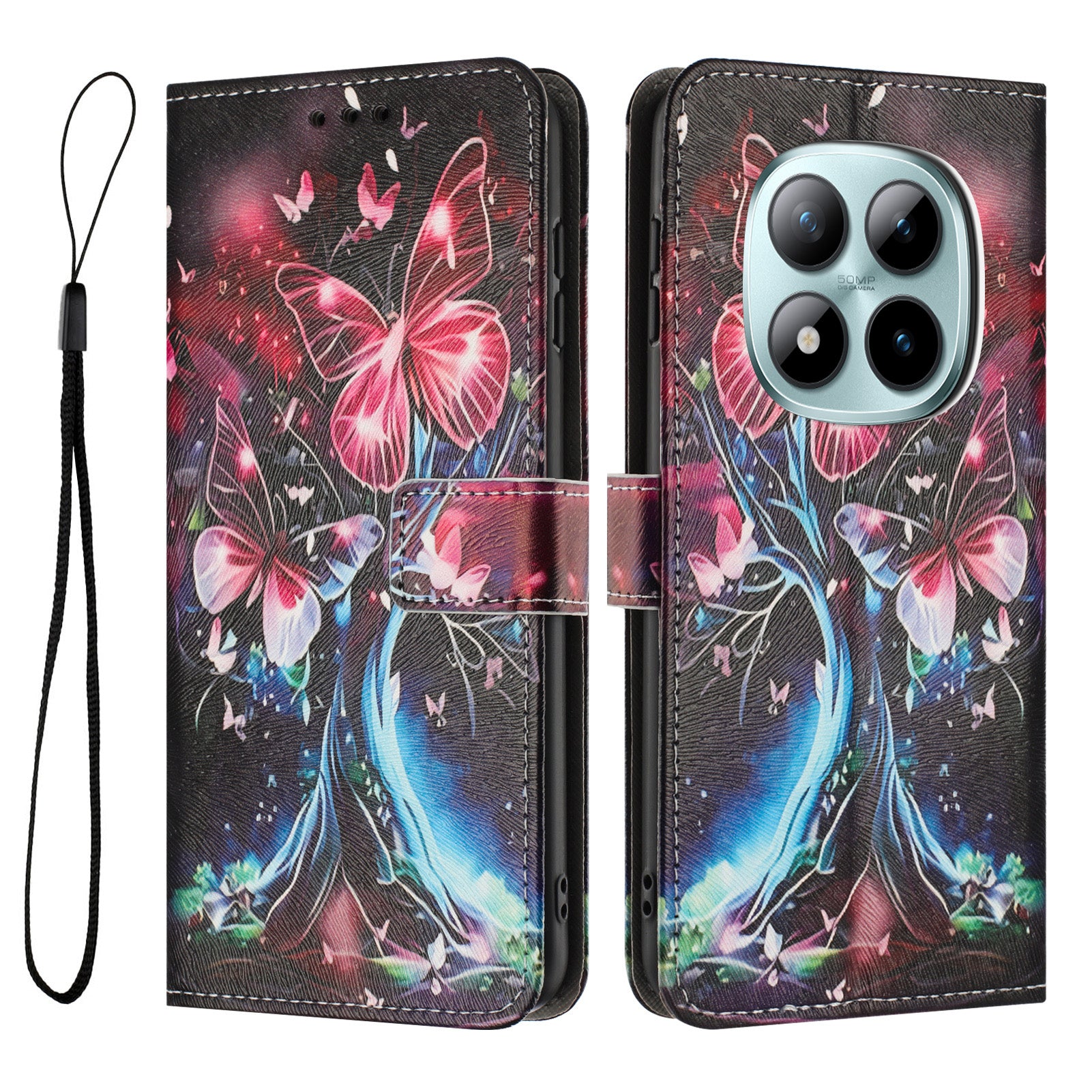 For Xiaomi Redmi Note 15 Pro 4G (Global) Wallet Case Pattern Printing PU Leather Phone Cover with Lanyard - Butterfly Tree
