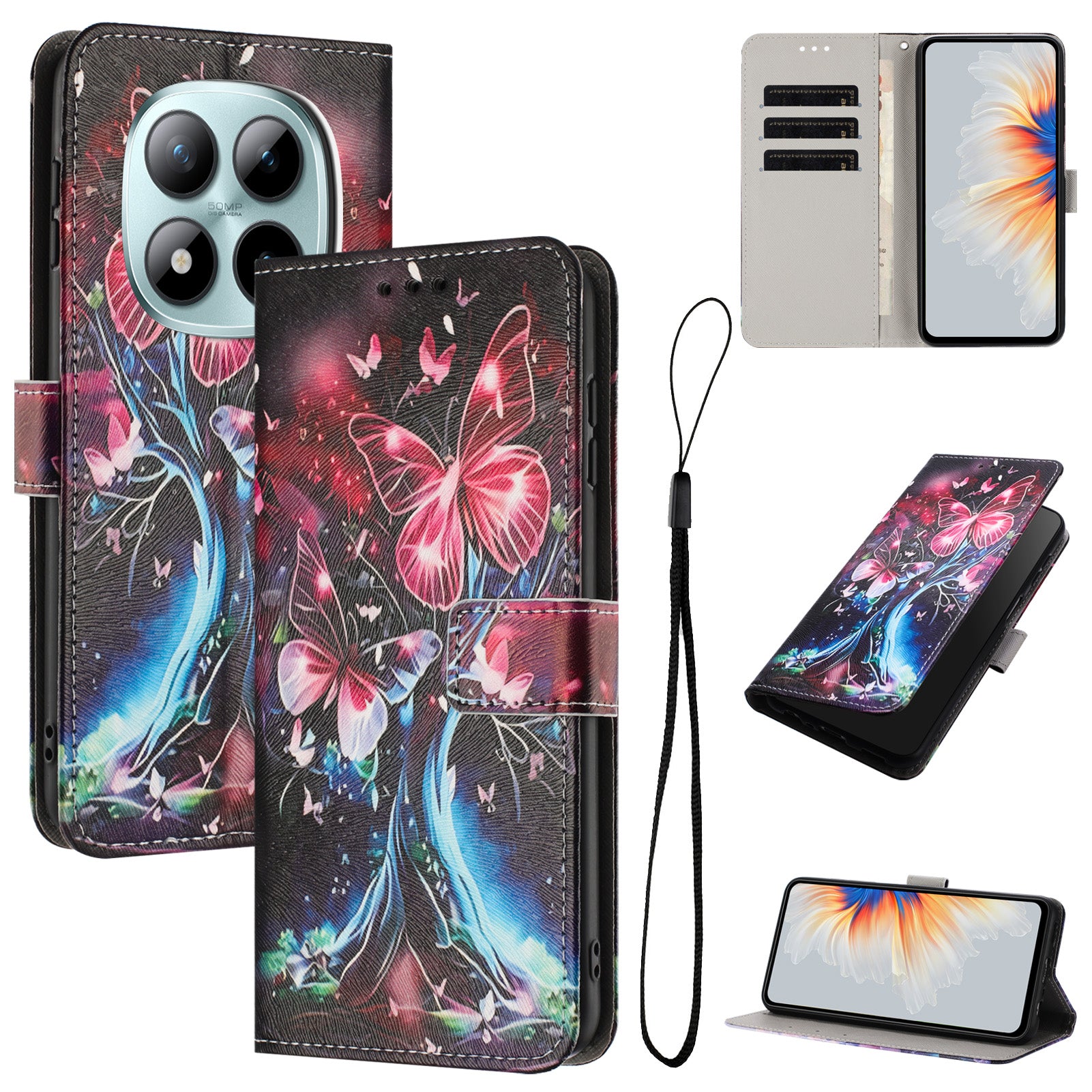 For Xiaomi Redmi Note 15 Pro 4G (Global) Wallet Case Pattern Printing PU Leather Phone Cover with Lanyard - Butterfly Tree