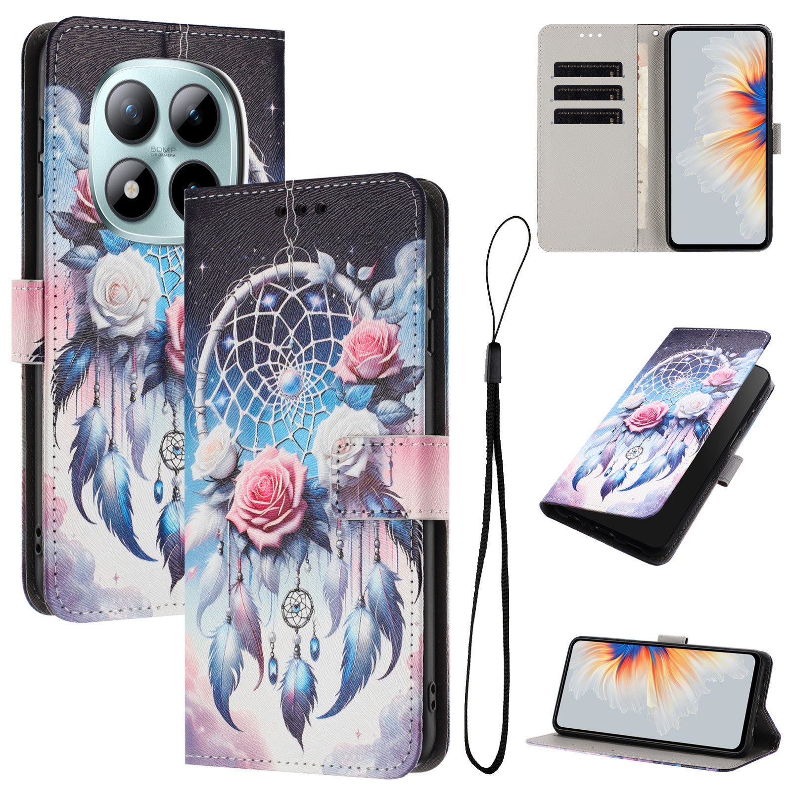 For Xiaomi Redmi Note 15 Pro 4G (Global) Wallet Case Pattern Printing PU Leather Phone Cover with Lanyard - Flower Wind Chime