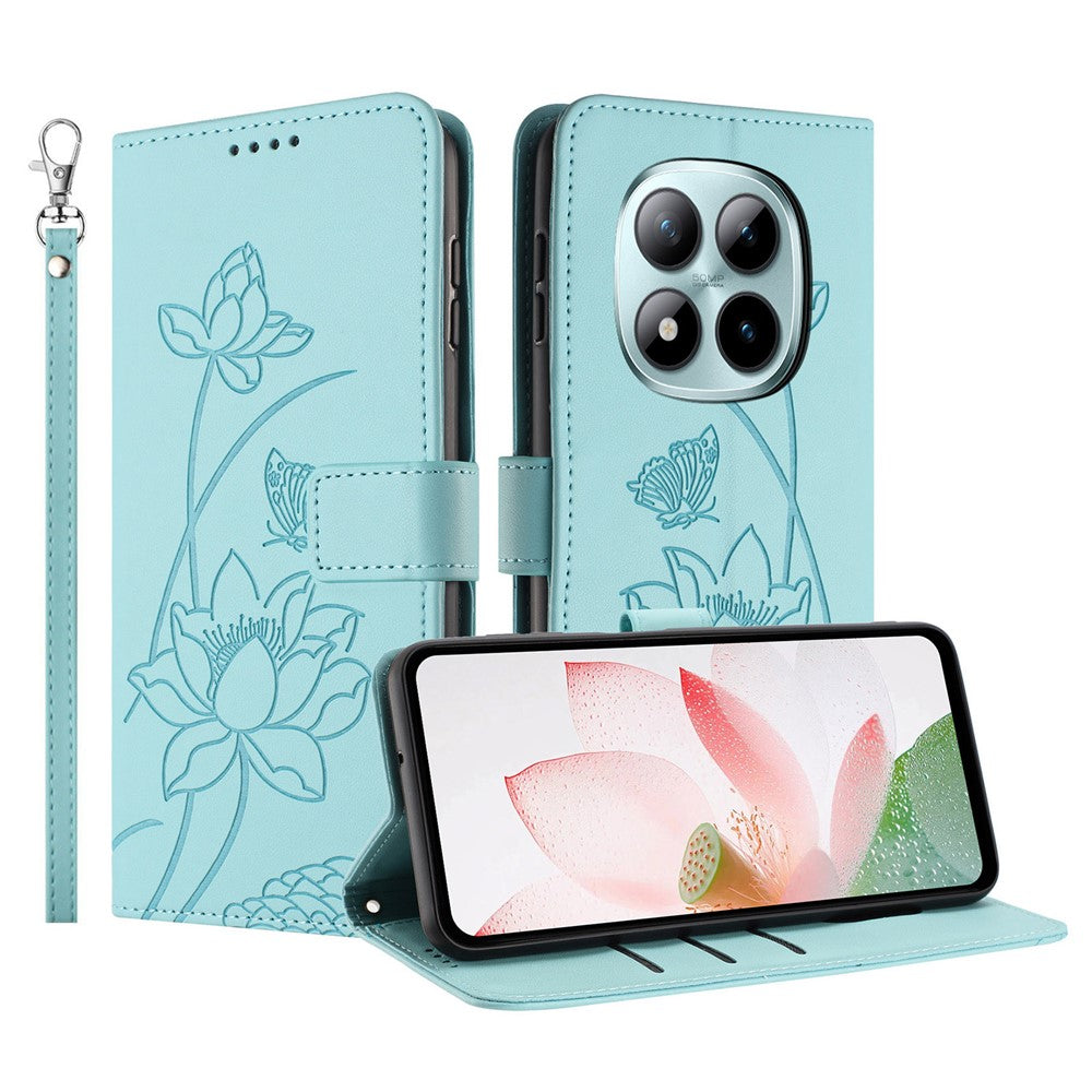 For Xiaomi Redmi Note 15 Pro 4G (Global) Case Wallet Stand Lotus Imprint Leather Phone Cover with Wrist Strap - Green