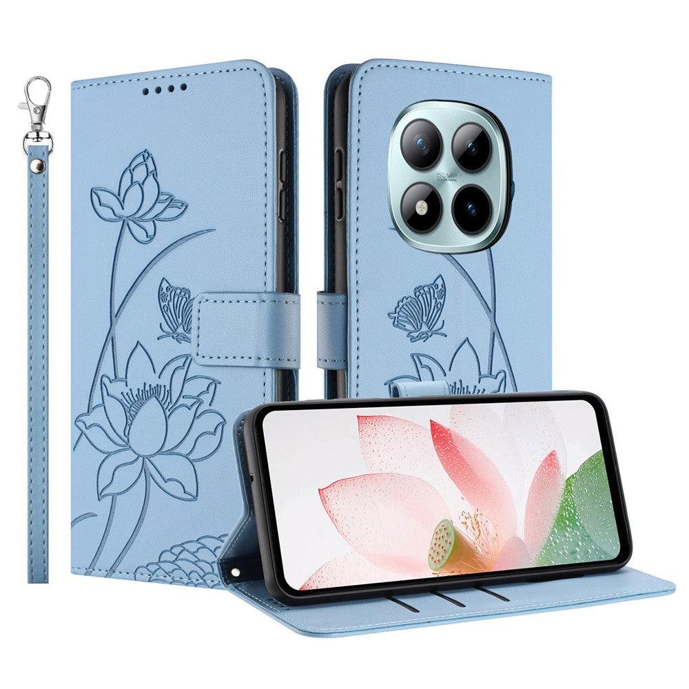 For Xiaomi Redmi Note 15 Pro 4G (Global) Case Wallet Stand Lotus Imprint Leather Phone Cover with Wrist Strap - Blue