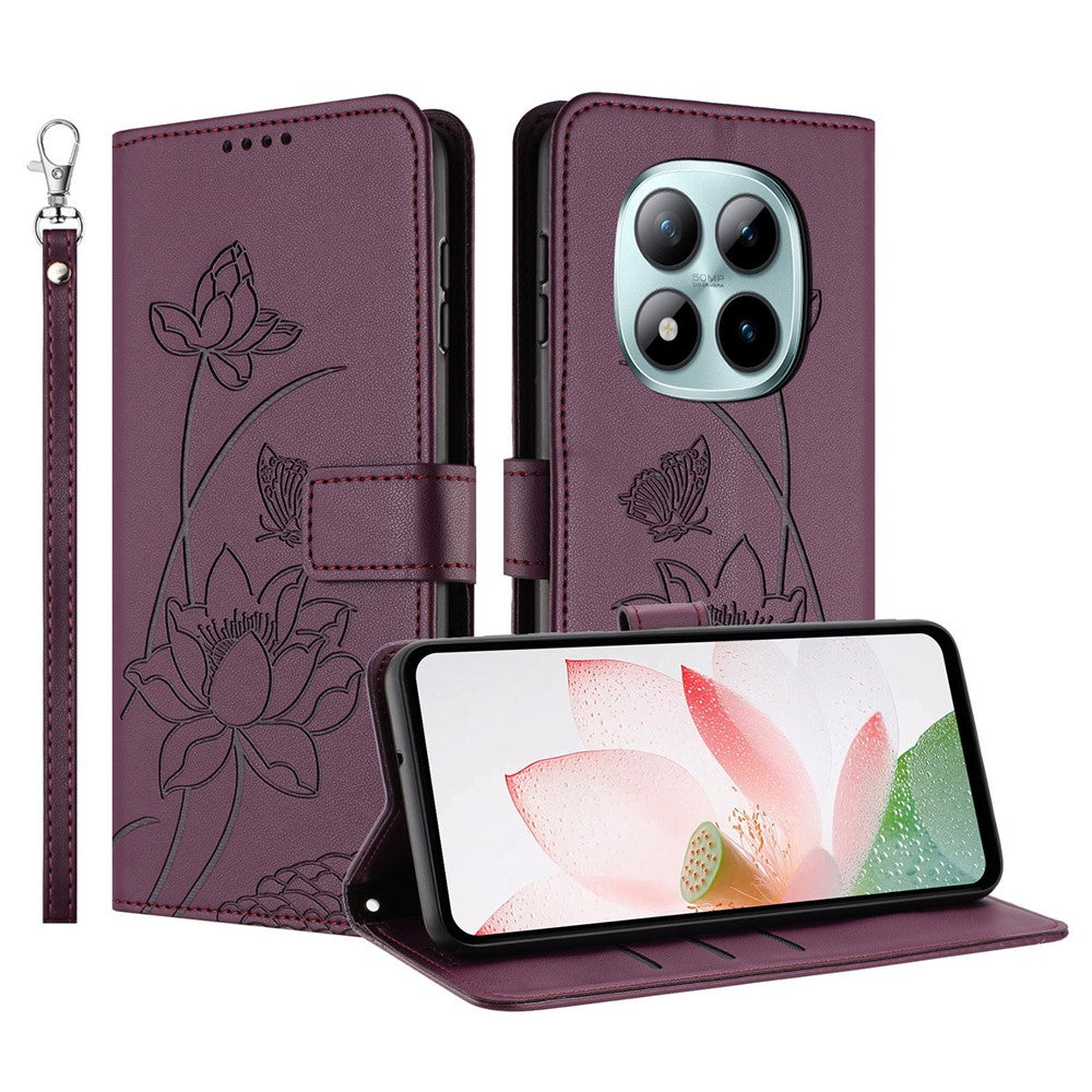 For Xiaomi Redmi Note 15 Pro 4G (Global) Case Wallet Stand Lotus Imprint Leather Phone Cover with Wrist Strap - Wine Red