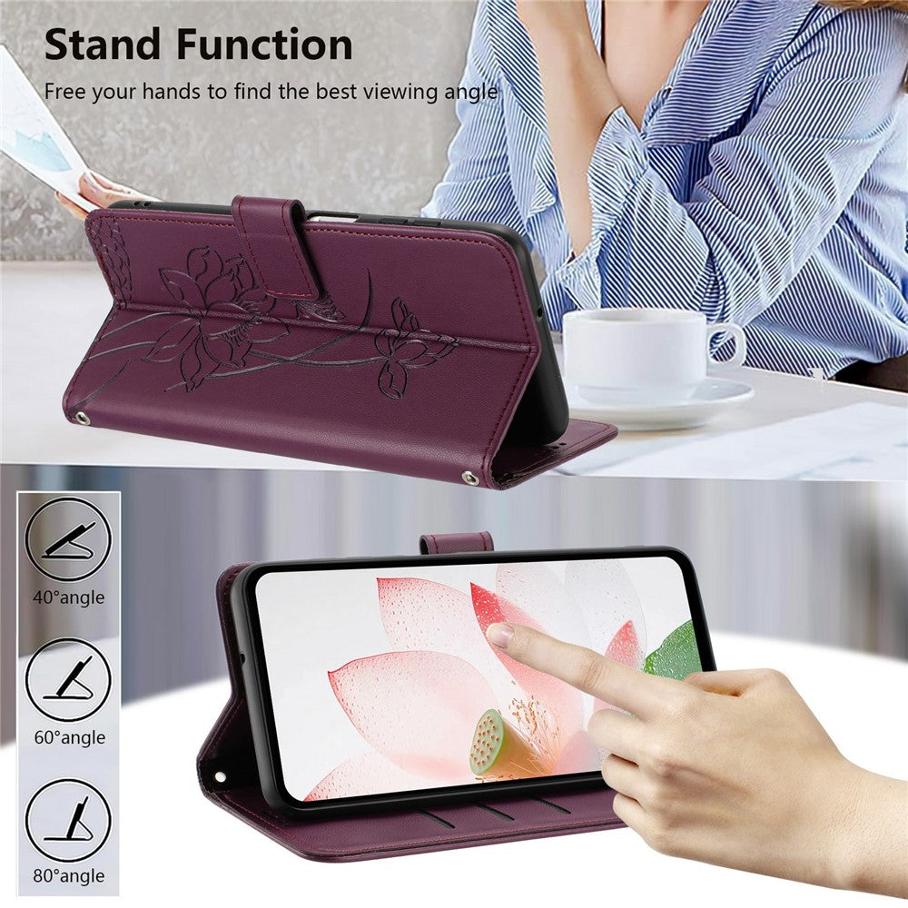 For Xiaomi Redmi Note 15 Pro 4G (Global) Case Wallet Stand Lotus Imprint Leather Phone Cover with Wrist Strap - Wine Red