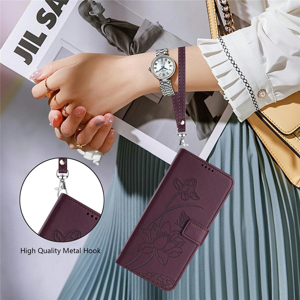 For Xiaomi Redmi Note 15 Pro 4G (Global) Case Wallet Stand Lotus Imprint Leather Phone Cover with Wrist Strap - Wine Red