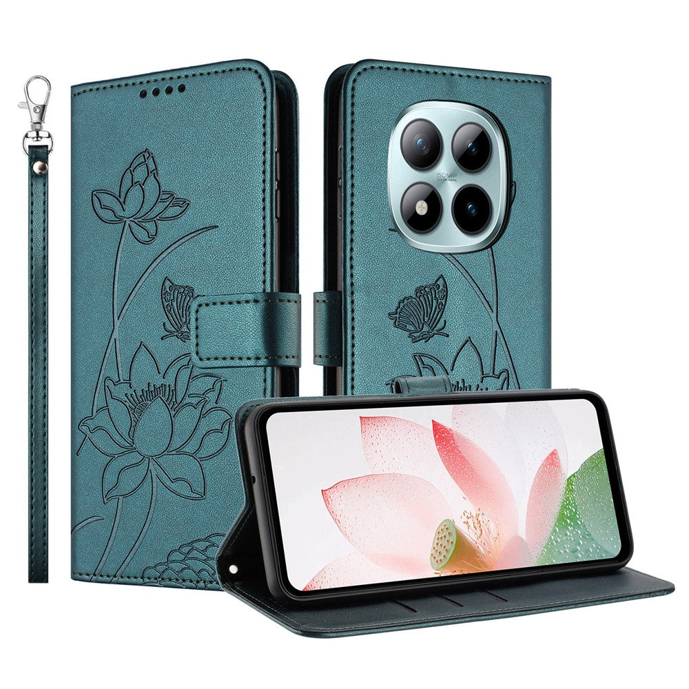 For Xiaomi Redmi Note 15 Pro 4G (Global) Case Wallet Stand Lotus Imprint Leather Phone Cover with Wrist Strap - Dark Green