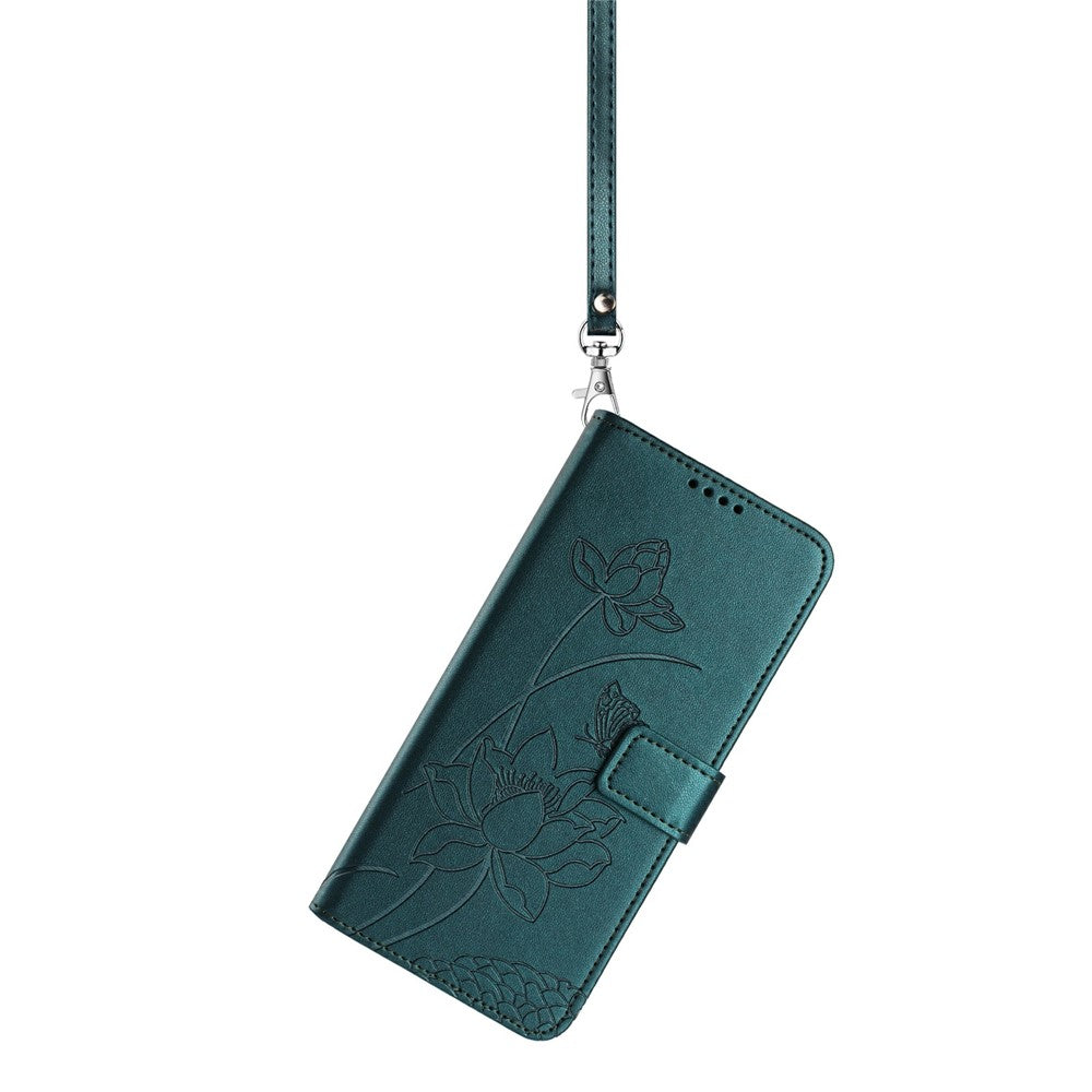 For Xiaomi Redmi Note 15 Pro 4G (Global) Case Wallet Stand Lotus Imprint Leather Phone Cover with Wrist Strap - Dark Green