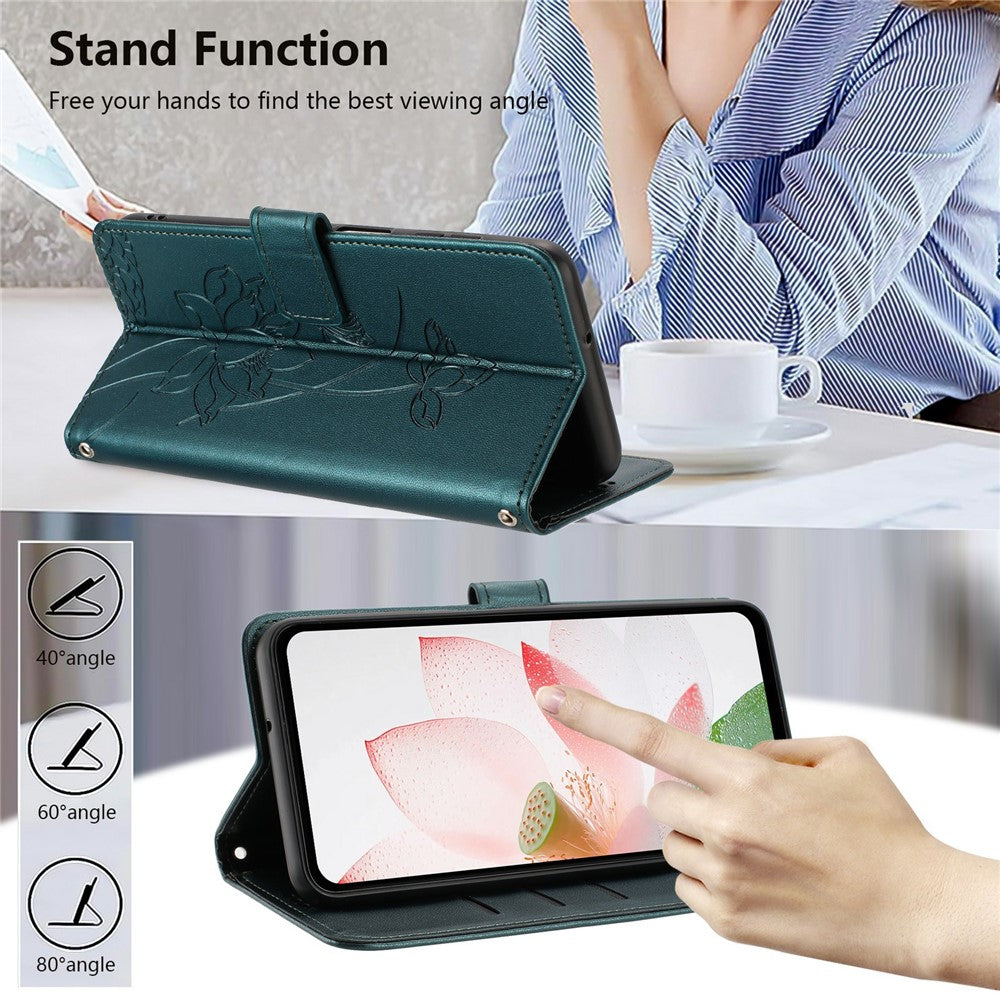For Xiaomi Redmi Note 15 Pro 4G (Global) Case Wallet Stand Lotus Imprint Leather Phone Cover with Wrist Strap - Dark Green