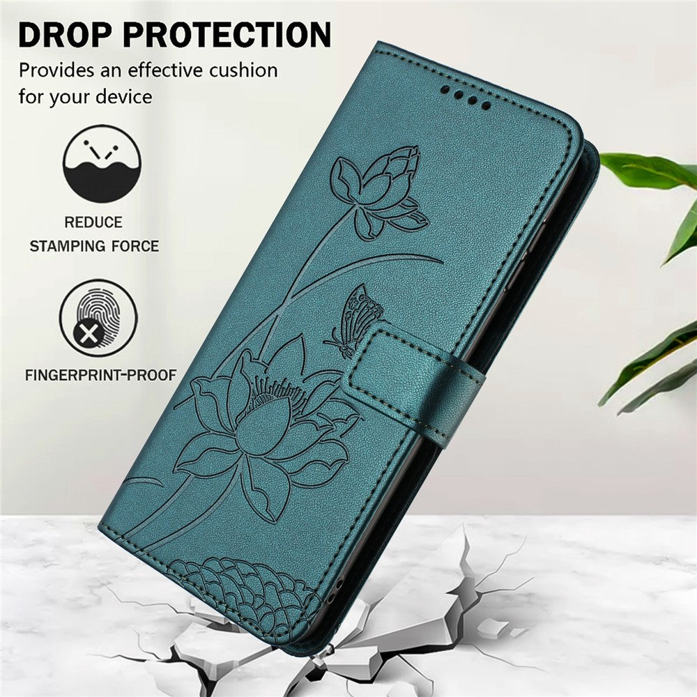 For Xiaomi Redmi Note 15 Pro 4G (Global) Case Wallet Stand Lotus Imprint Leather Phone Cover with Wrist Strap - Dark Green