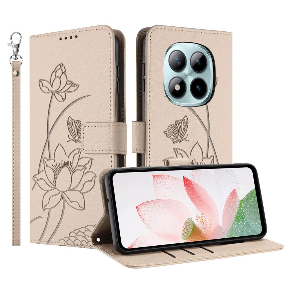 For Xiaomi Redmi Note 15 Pro 4G (Global) Case Wallet Stand Lotus Imprint Leather Phone Cover with Wrist Strap - Beige