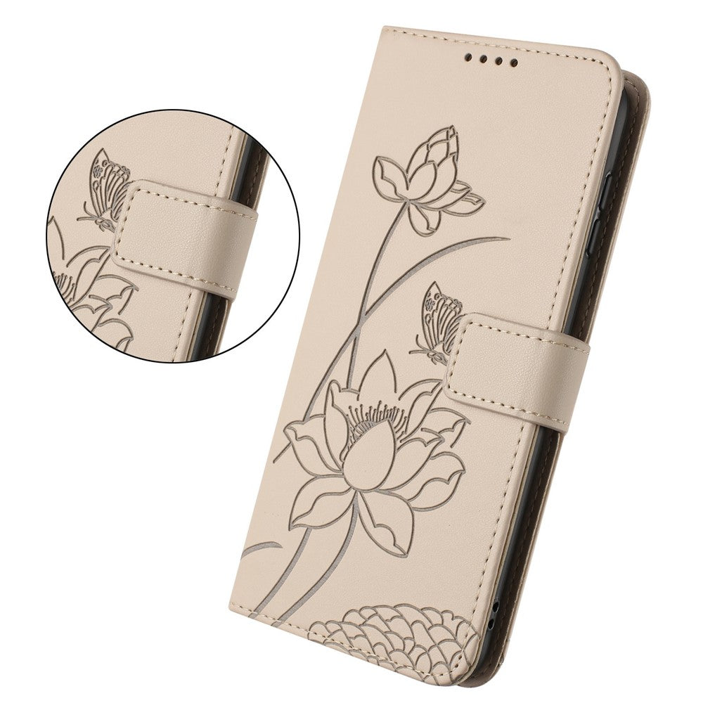 For Xiaomi Redmi Note 15 Pro 4G (Global) Case Wallet Stand Lotus Imprint Leather Phone Cover with Wrist Strap - Beige