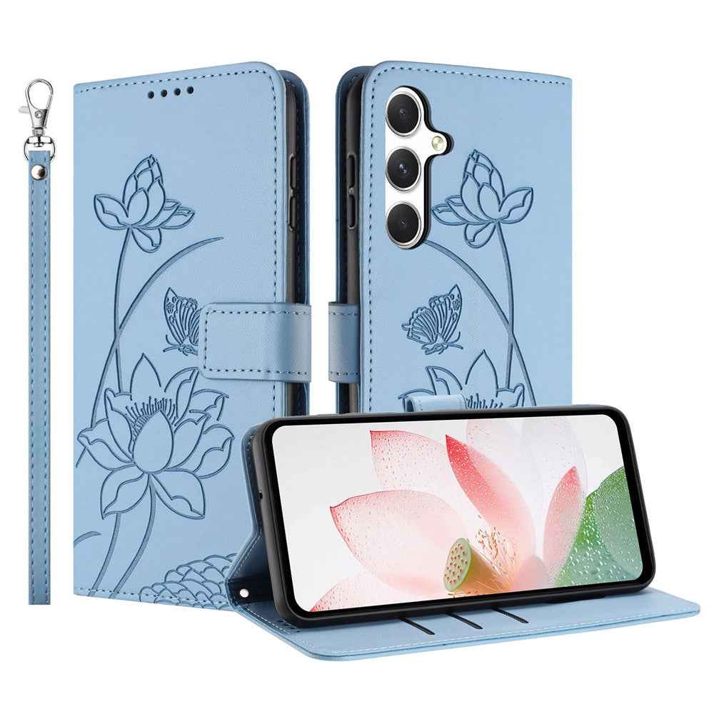 For Samsung Galaxy A57 5G Case Wallet Stand Lotus Imprint Leather Phone Cover with Wrist Strap - Blue
