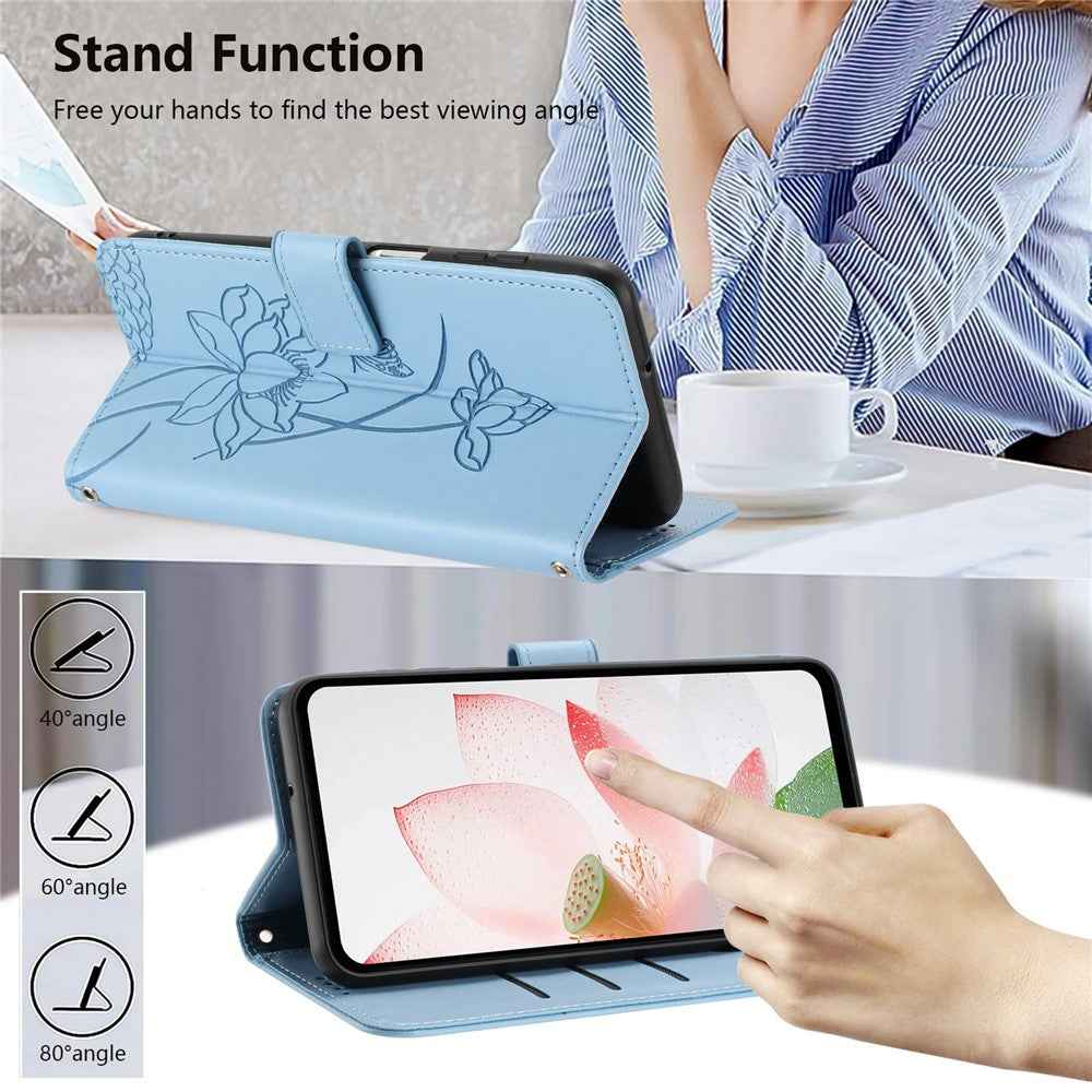 For Samsung Galaxy A57 5G Case Wallet Stand Lotus Imprint Leather Phone Cover with Wrist Strap - Blue