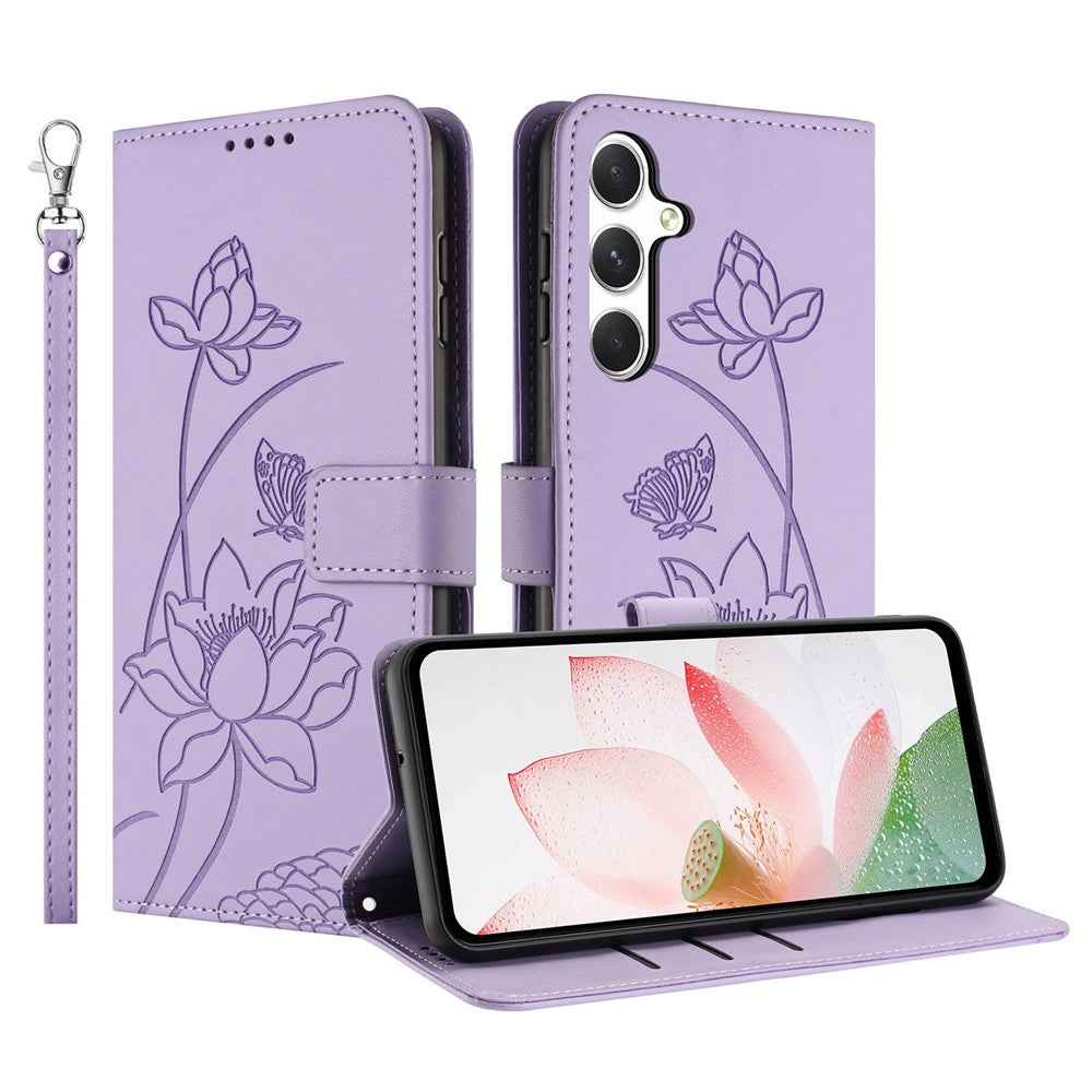 For Samsung Galaxy A57 5G Case Wallet Stand Lotus Imprint Leather Phone Cover with Wrist Strap - Purple