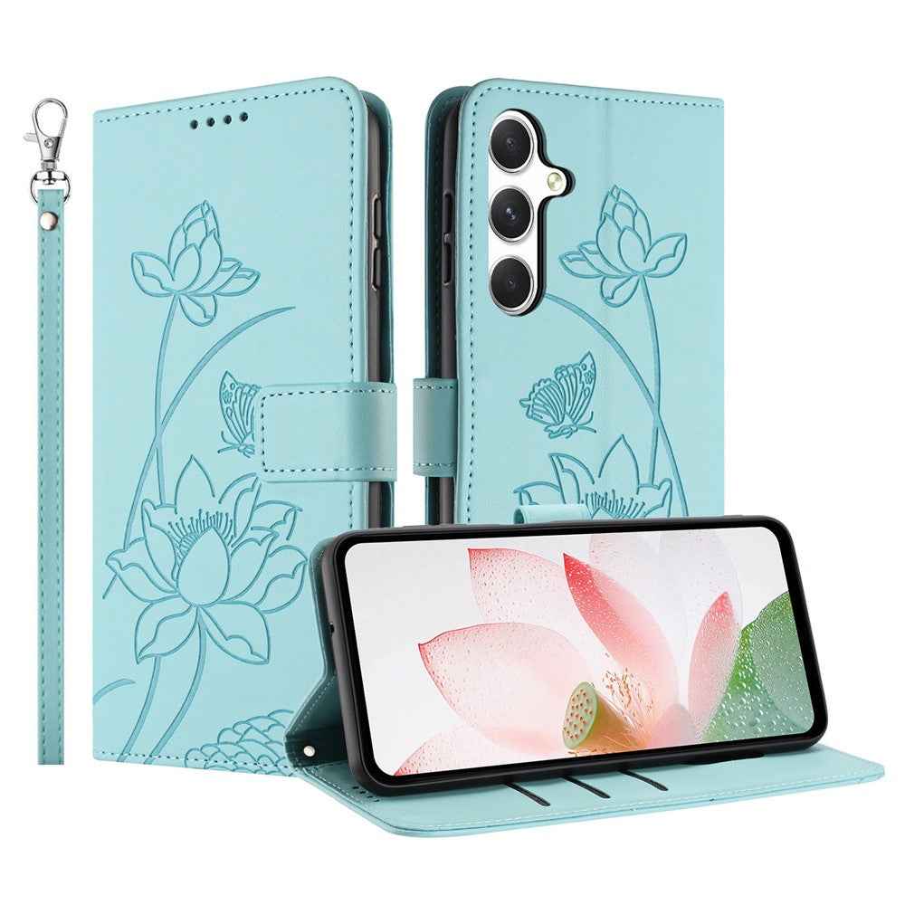 For Samsung Galaxy A57 5G Case Wallet Stand Lotus Imprint Leather Phone Cover with Wrist Strap - Green