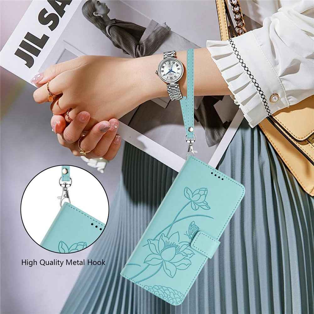 For Samsung Galaxy A57 5G Case Wallet Stand Lotus Imprint Leather Phone Cover with Wrist Strap - Green